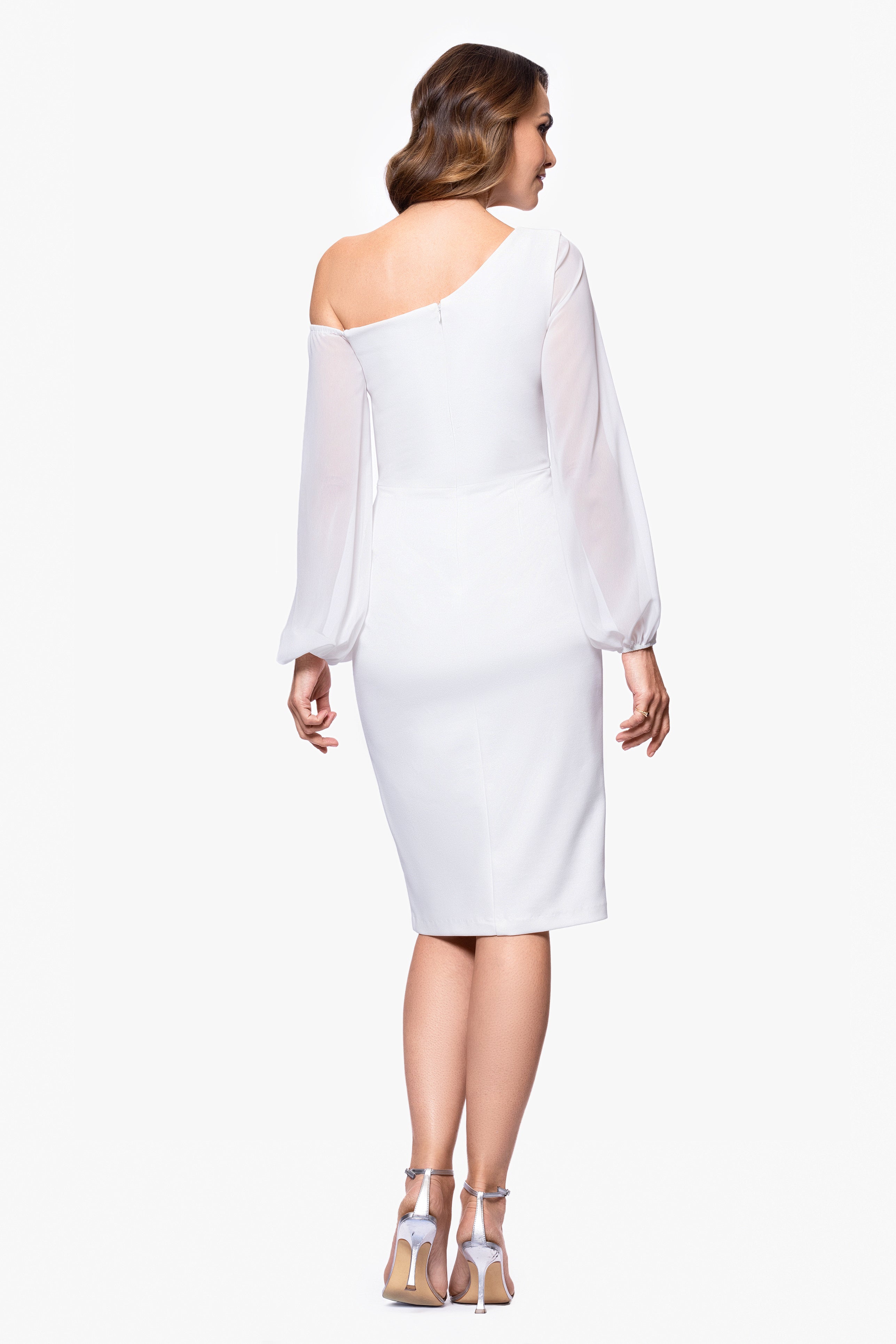"Alara" Knee Length Off the Shoulder Mesh Long Sleeve Scuba Crepe Dress