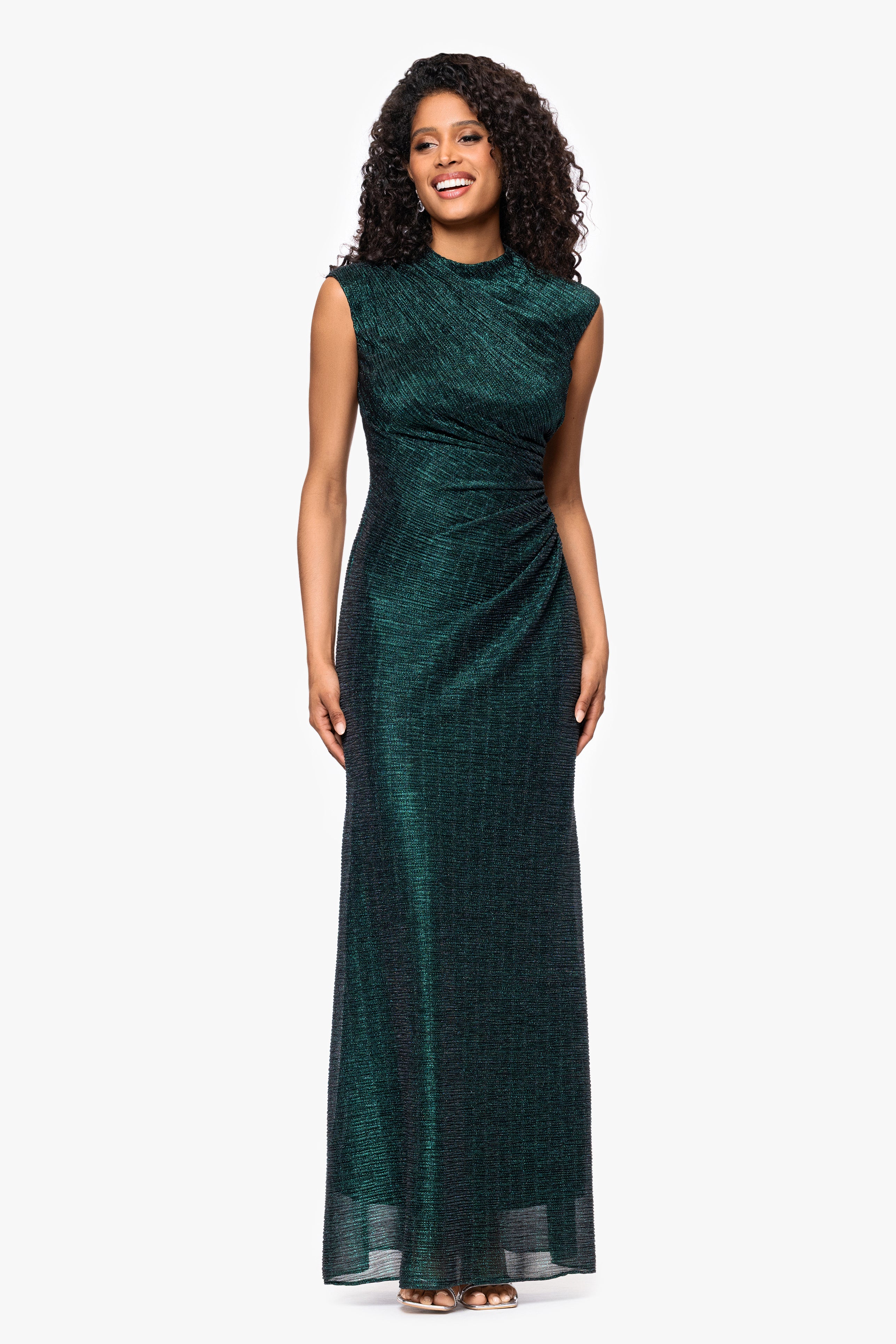 Petite "Bethany" Crinkle Metallic Rouched Floor Length Dress