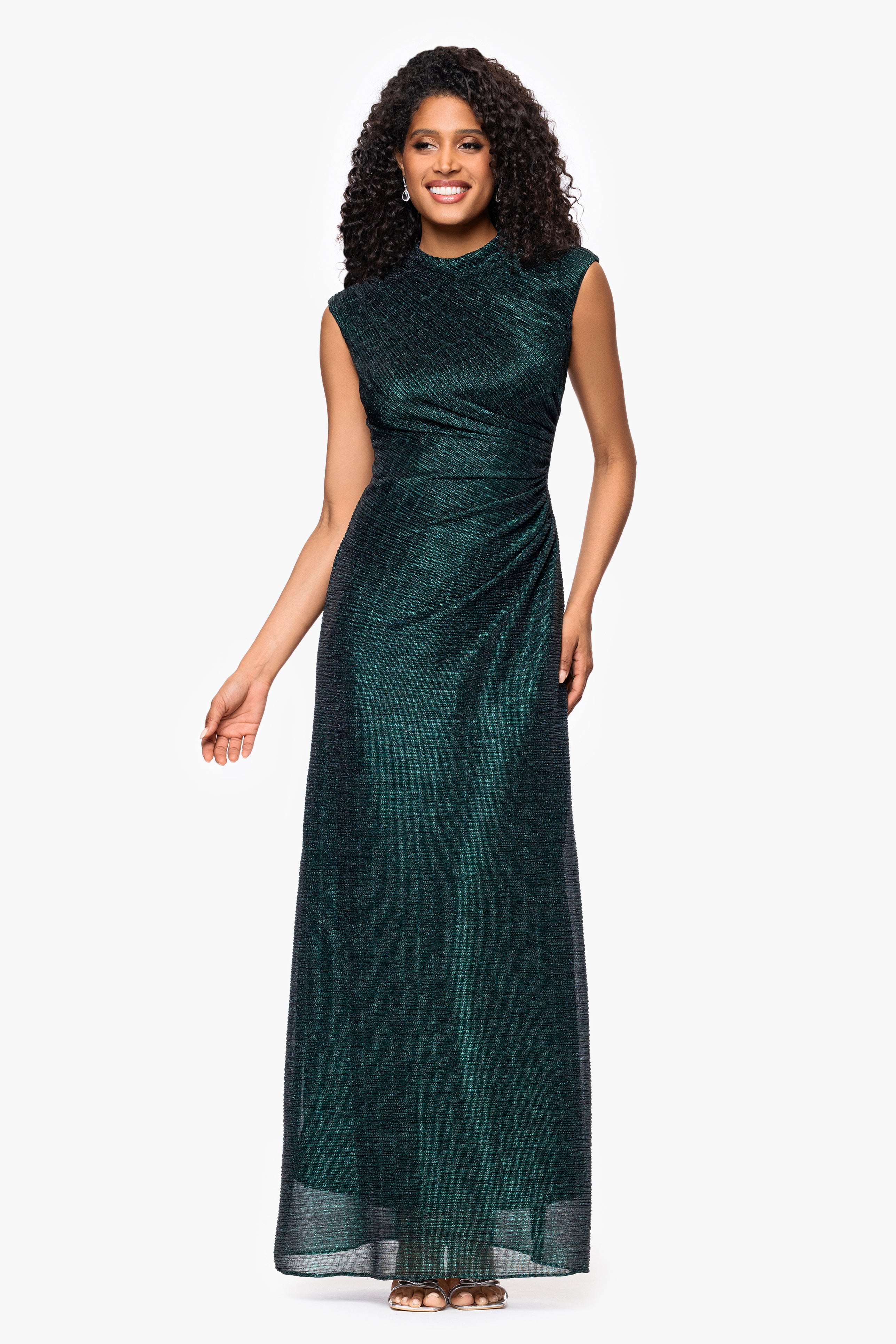 Petite "Bethany" Crinkle Metallic Rouched Floor Length Dress