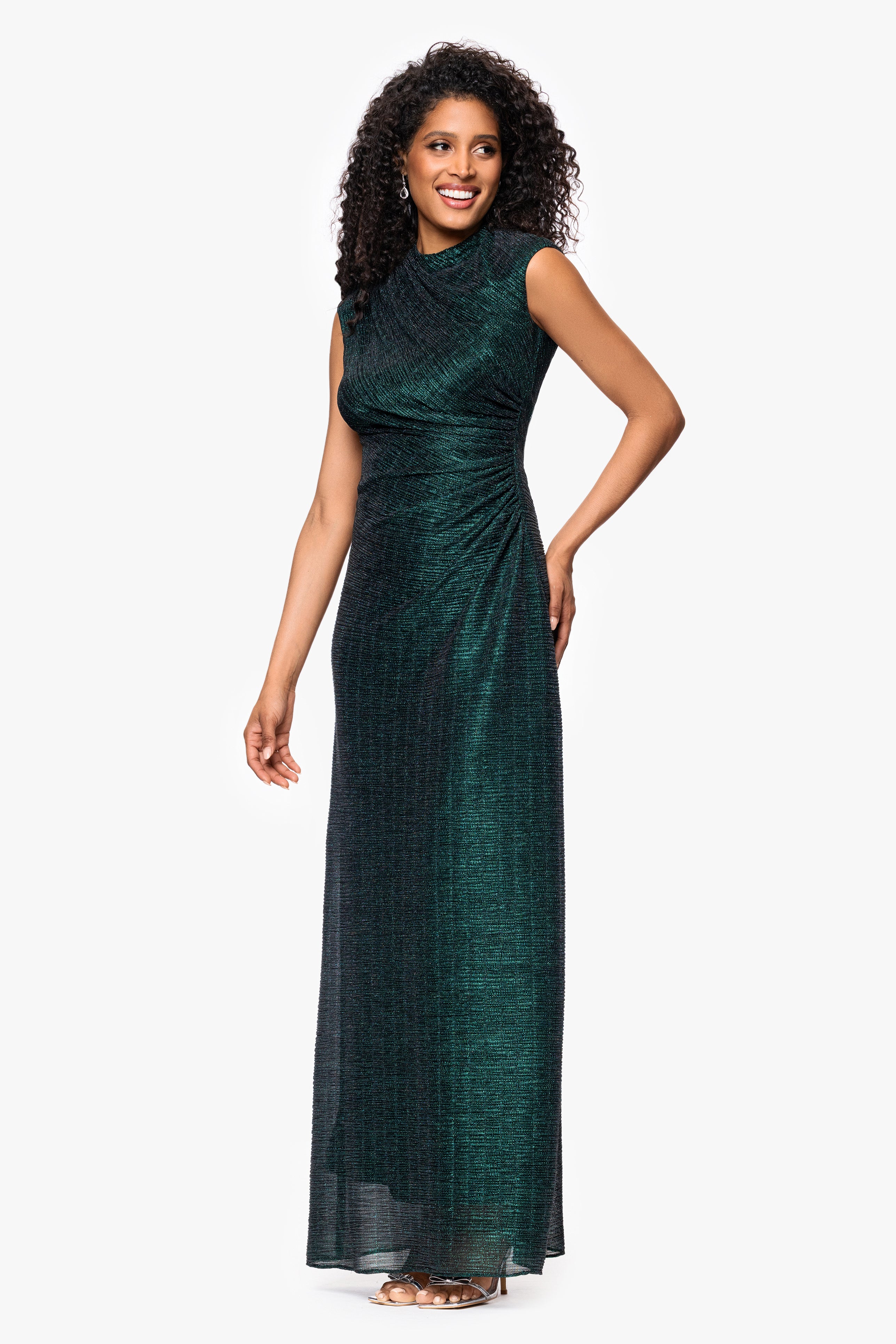 Petite "Bethany" Crinkle Metallic Rouched Floor Length Dress