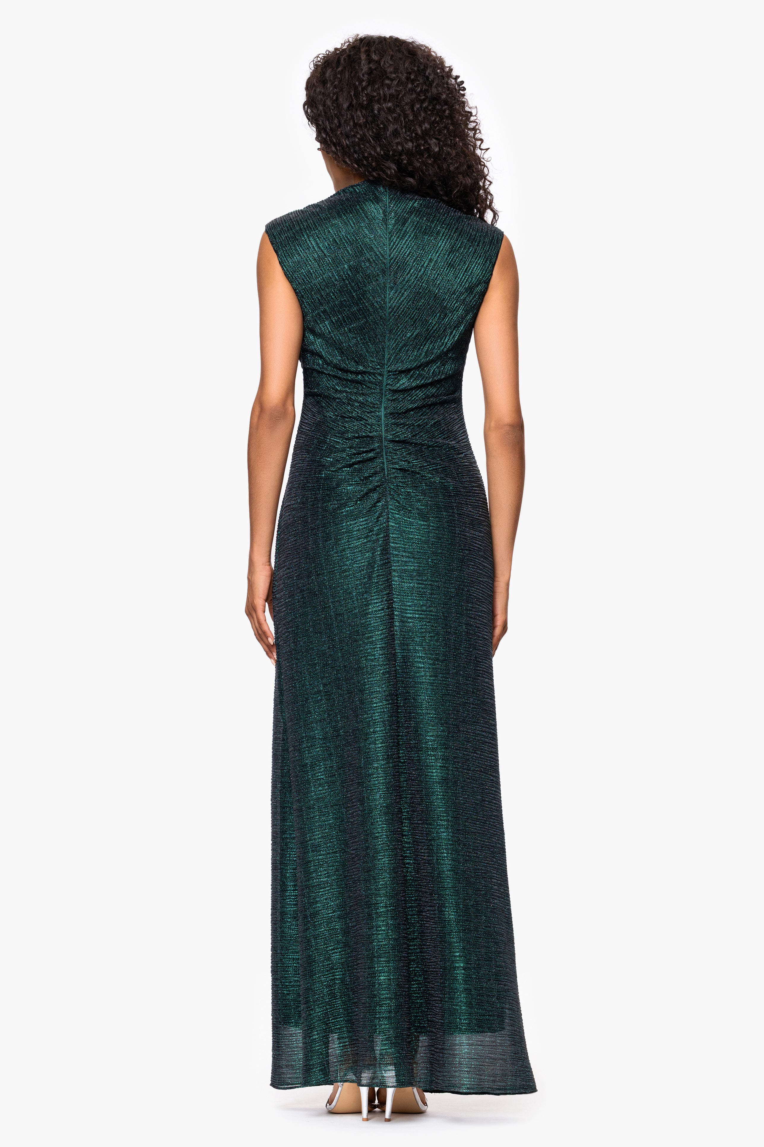Petite "Bethany" Crinkle Metallic Rouched Floor Length Dress