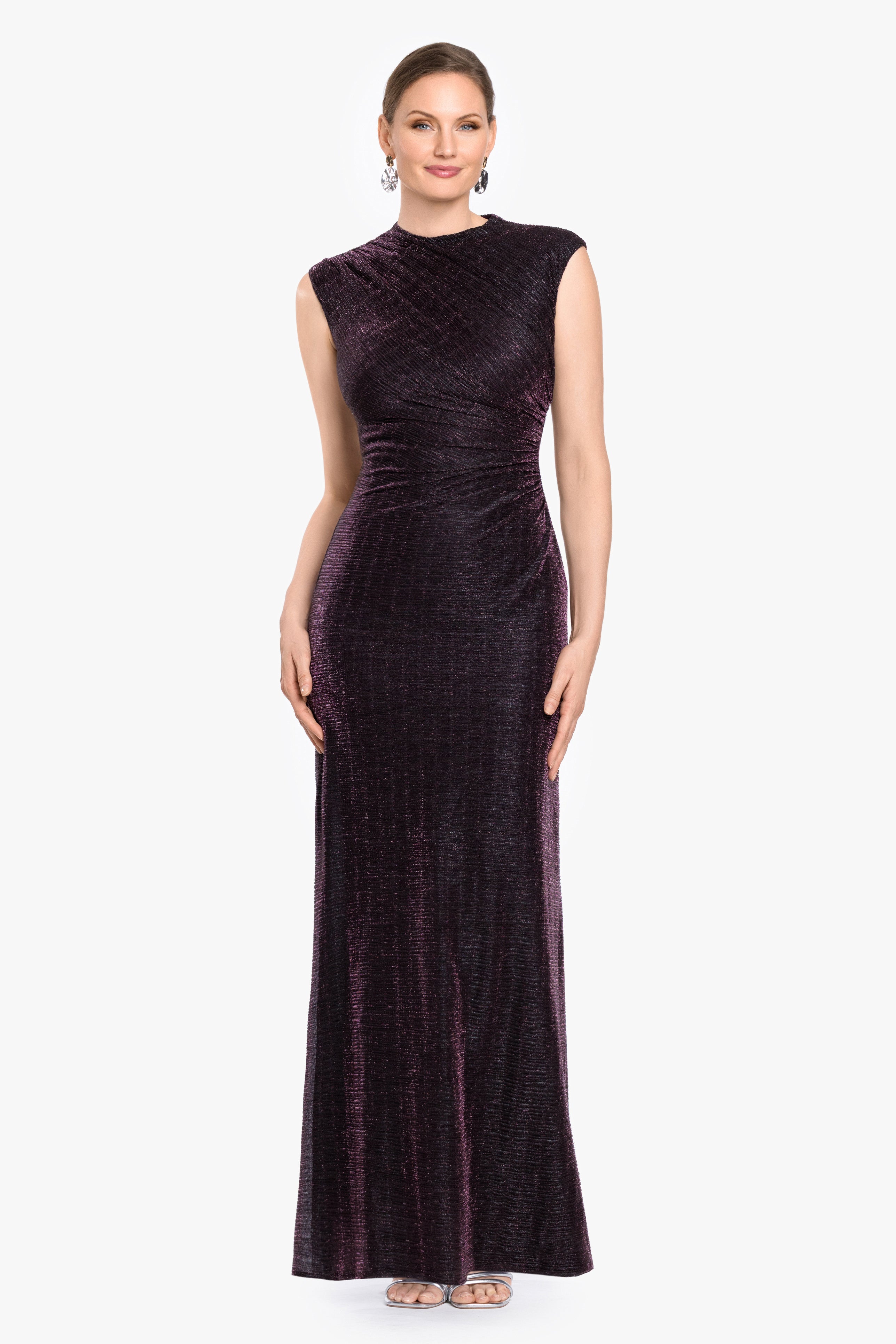 "Bethany" Crinkle Metallic Rouched Floor Length Dress