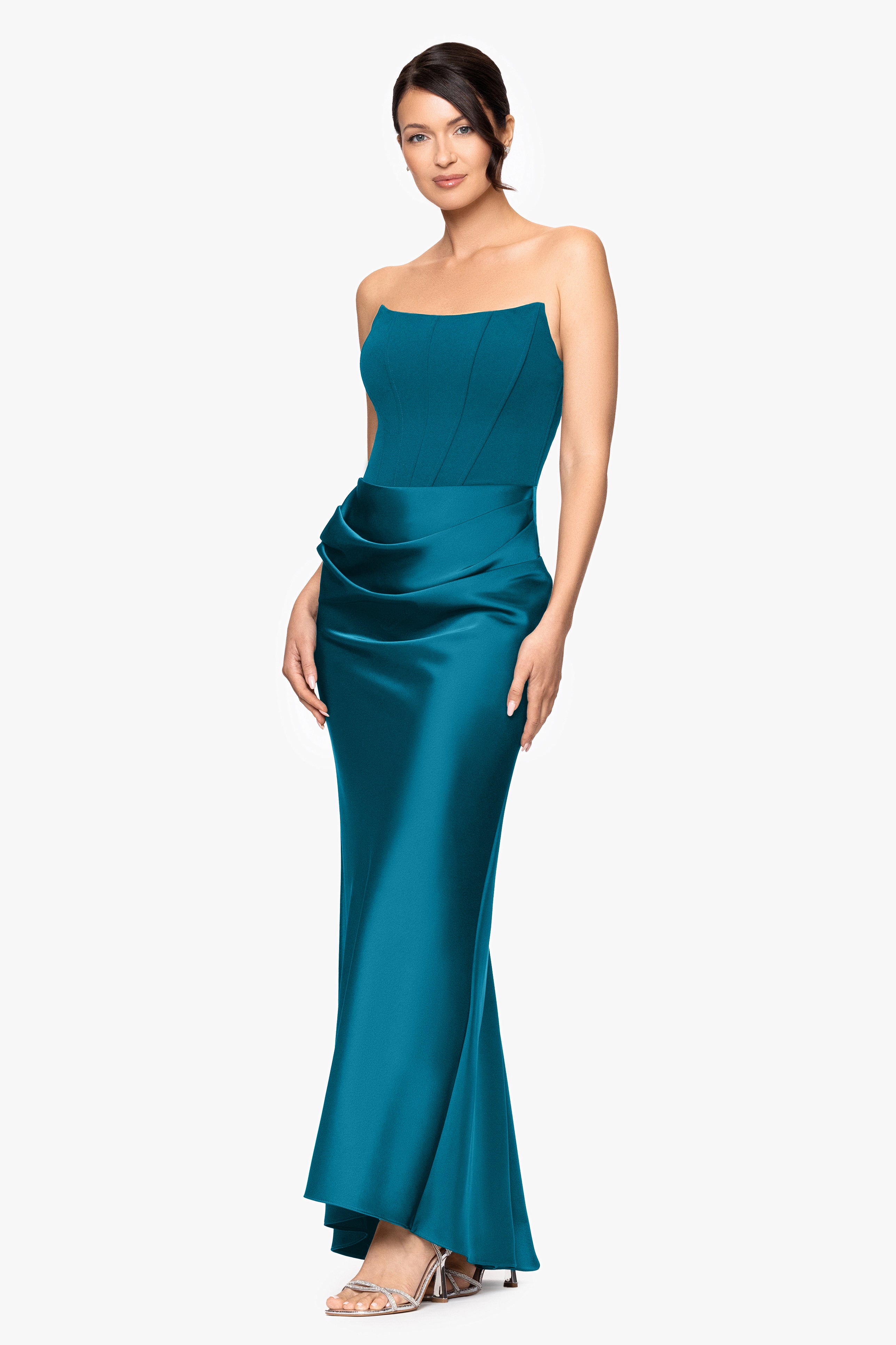 "Debra" Long Strapless Scuba Crepe and Satin Gown