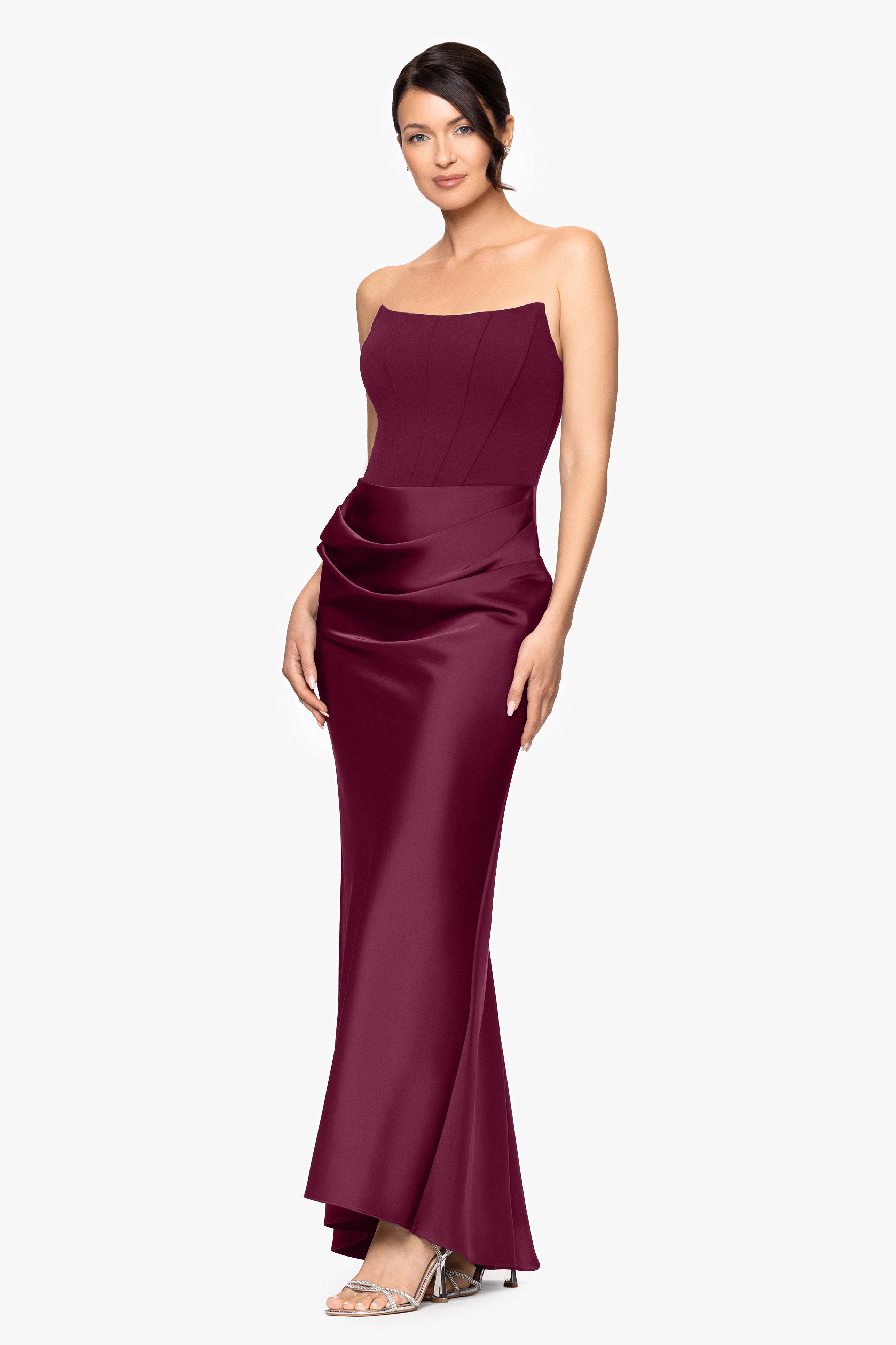 "Debra" Long Strapless Scuba Crepe and Satin Gown