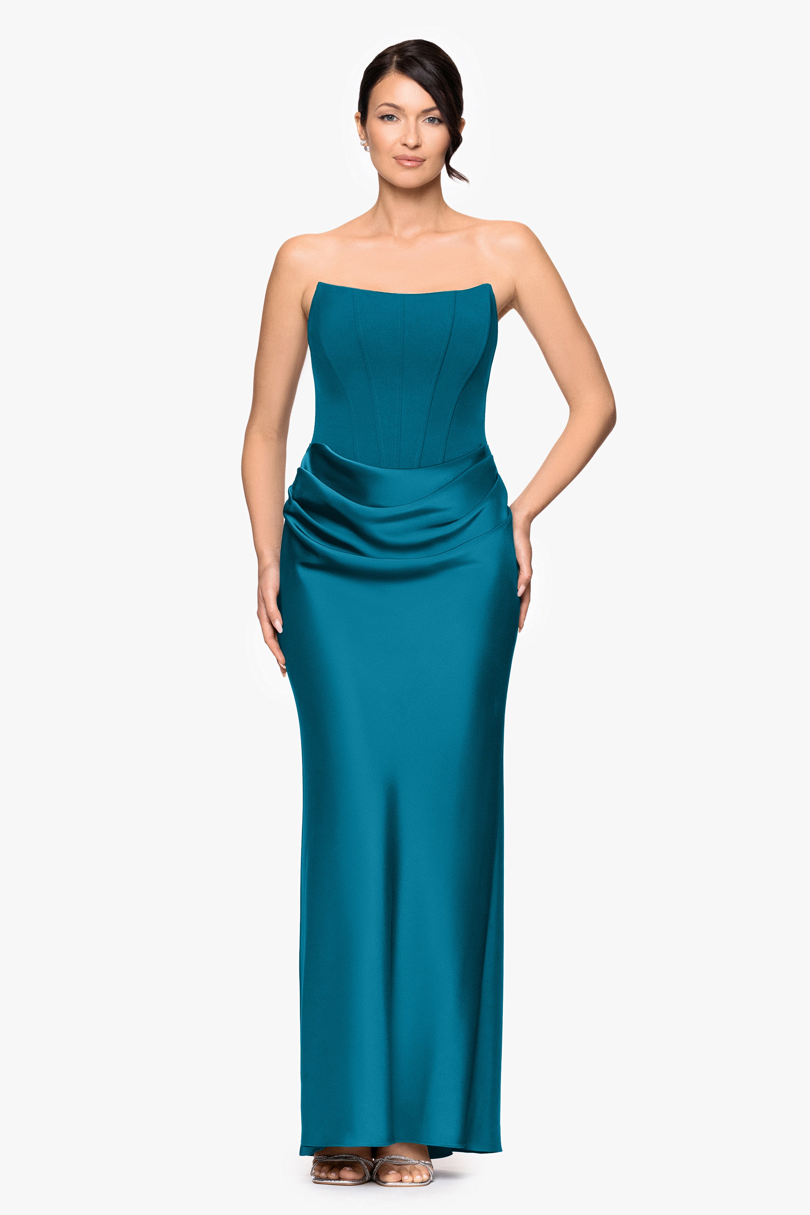 "Debra" Long Strapless Scuba Crepe and Satin Gown