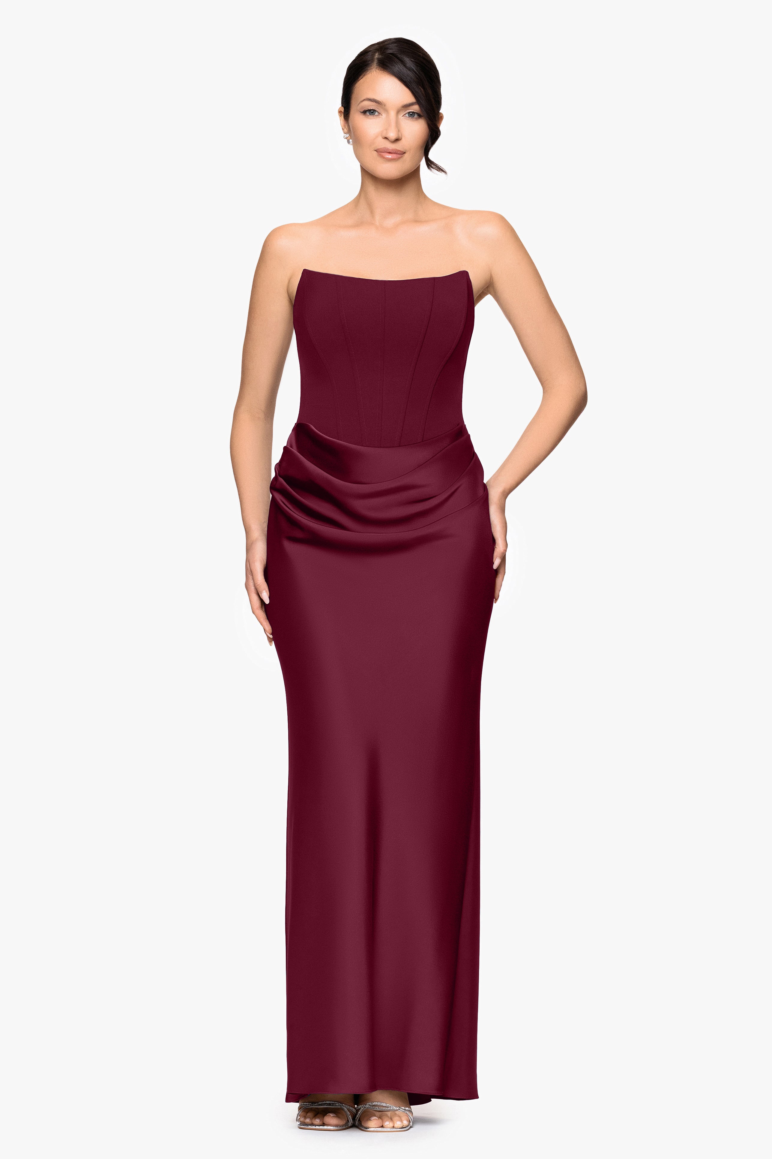 "Debra" Long Strapless Scuba Crepe and Satin Gown