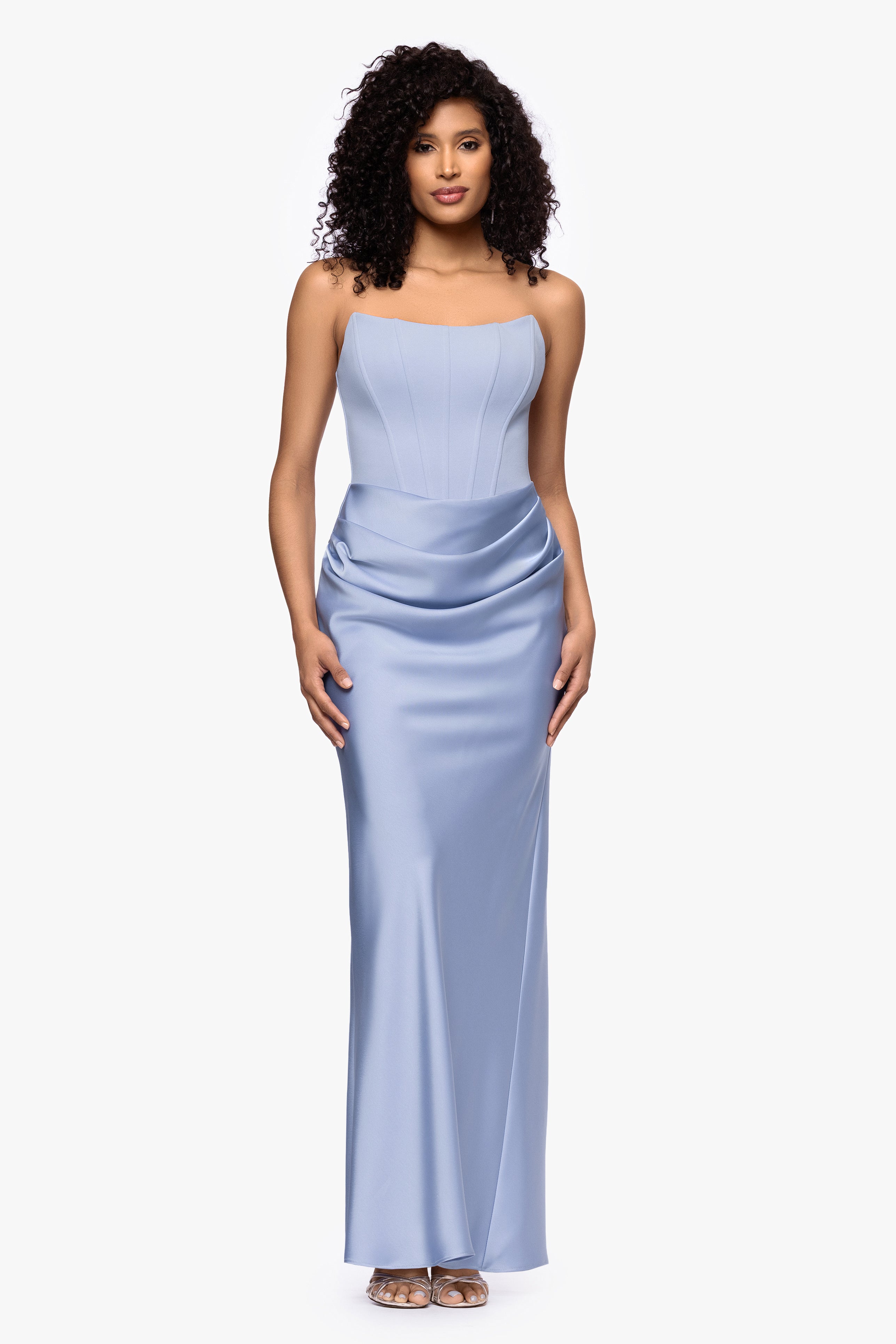 "Debra" Long Strapless Scuba Crepe and Satin Gown