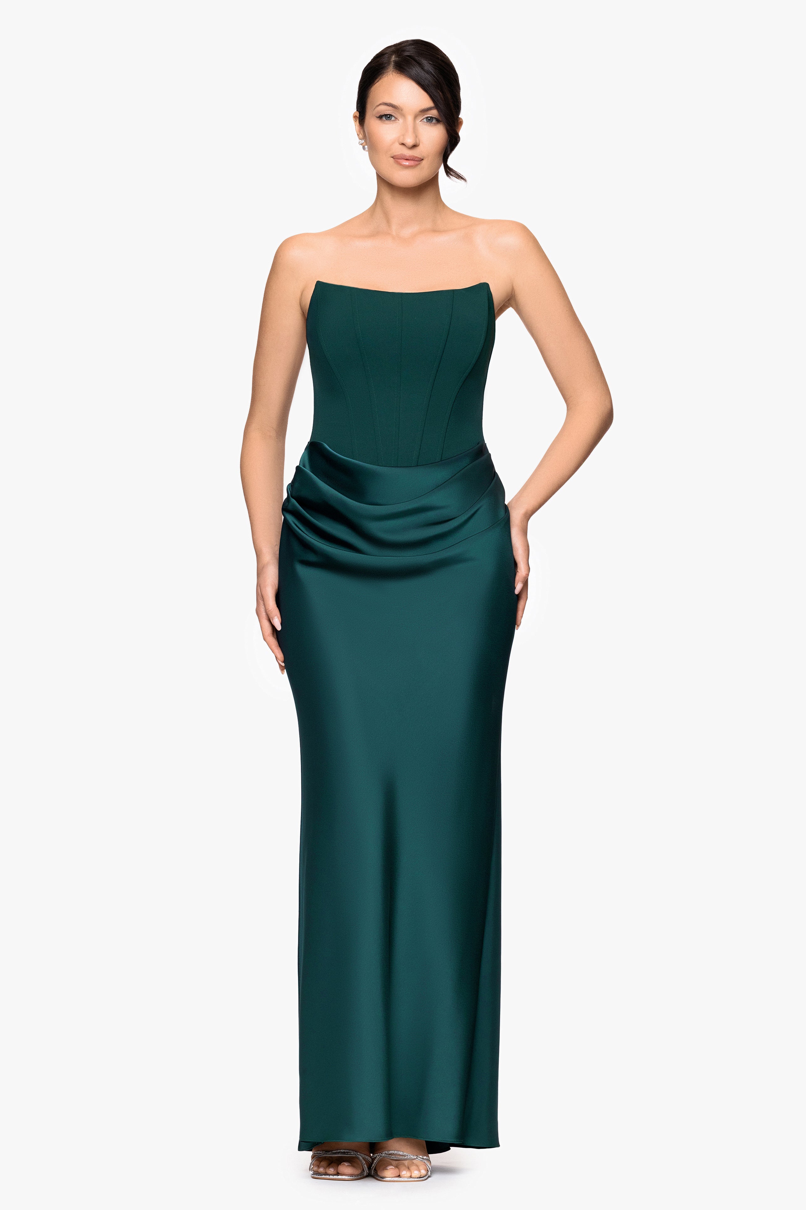 "Debra" Long Strapless Scuba Crepe and Satin Gown