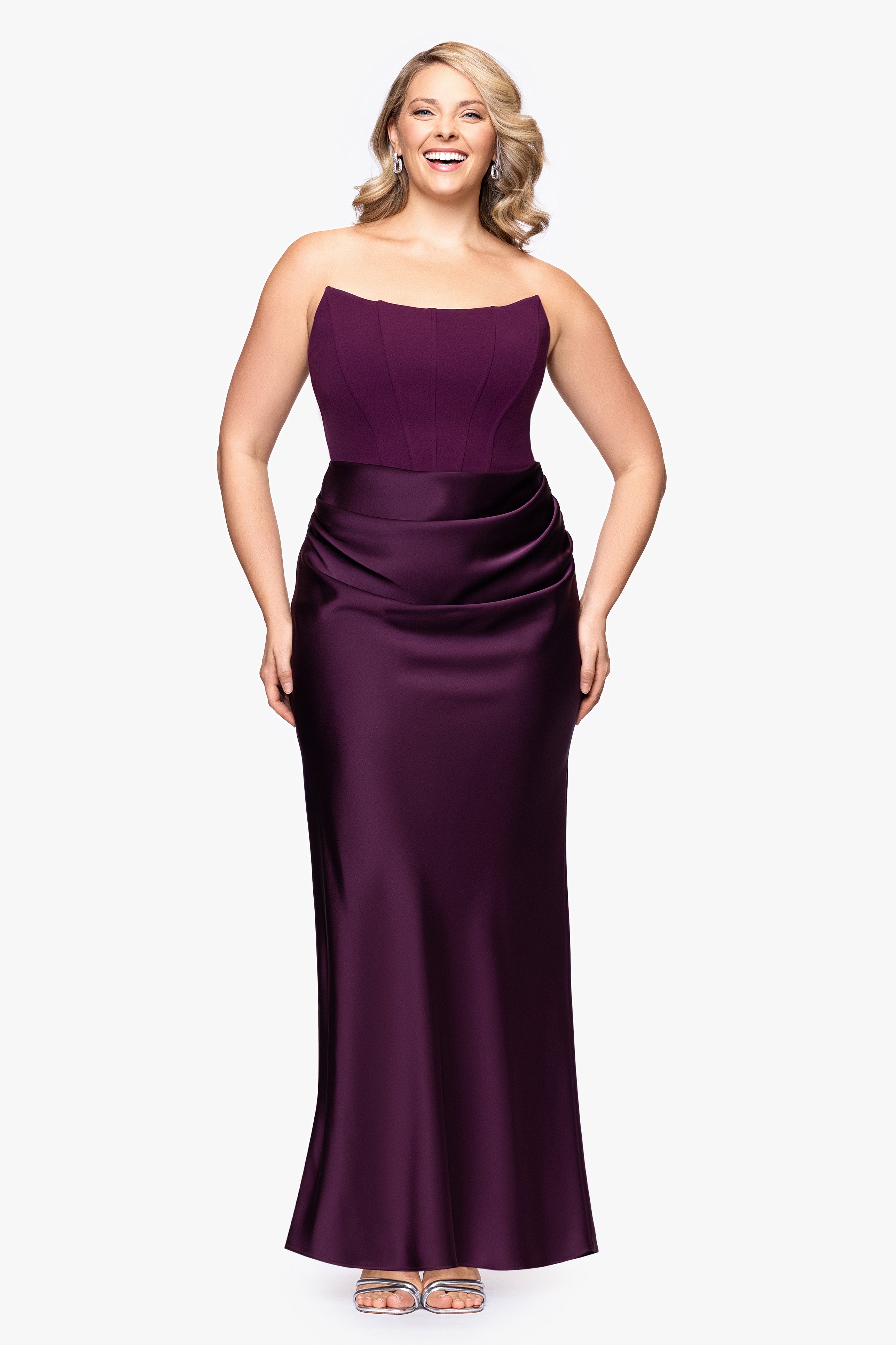 "Debra" Long Strapless Scuba Crepe and Satin Gown