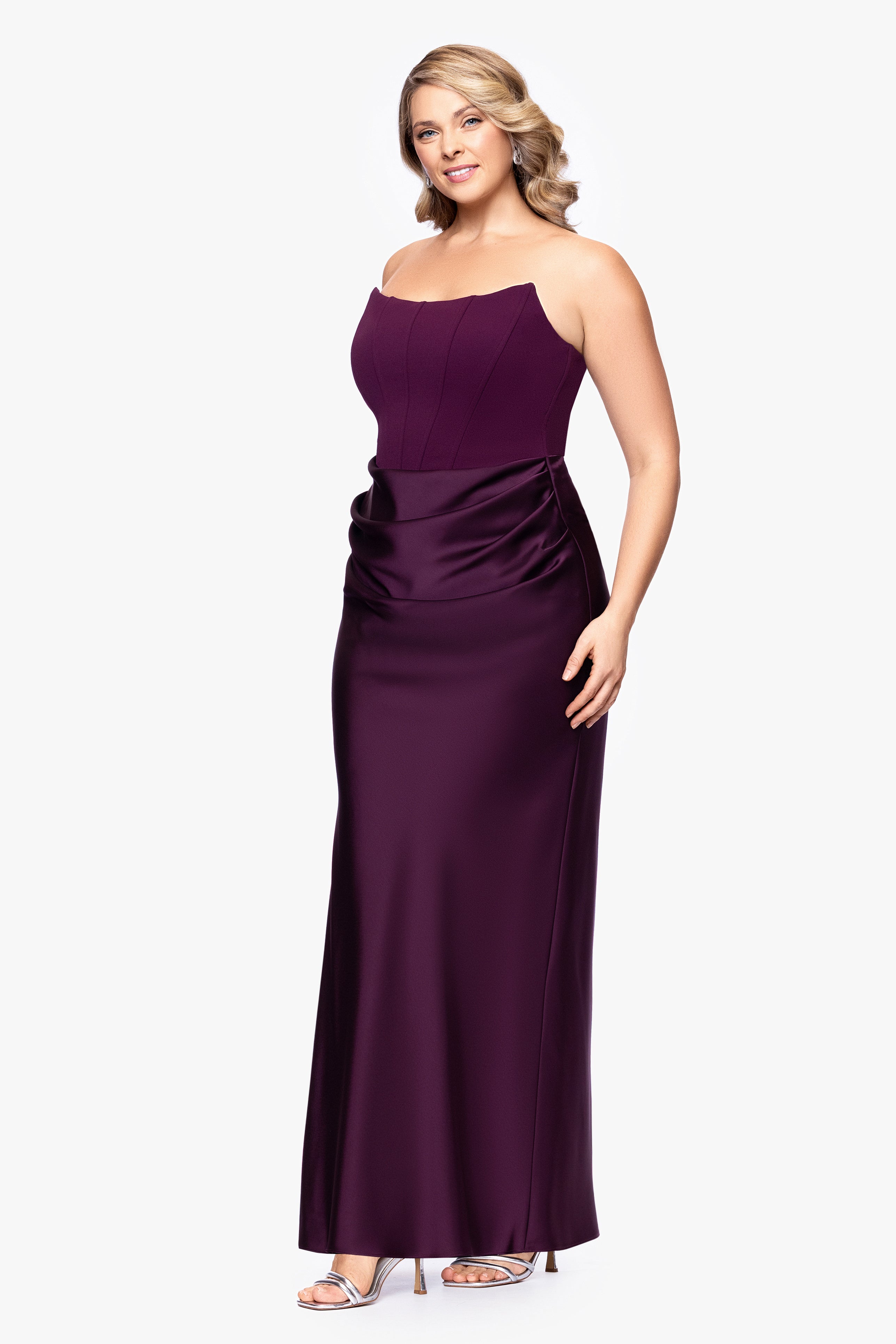 "Debra" Long Strapless Scuba Crepe and Satin Gown
