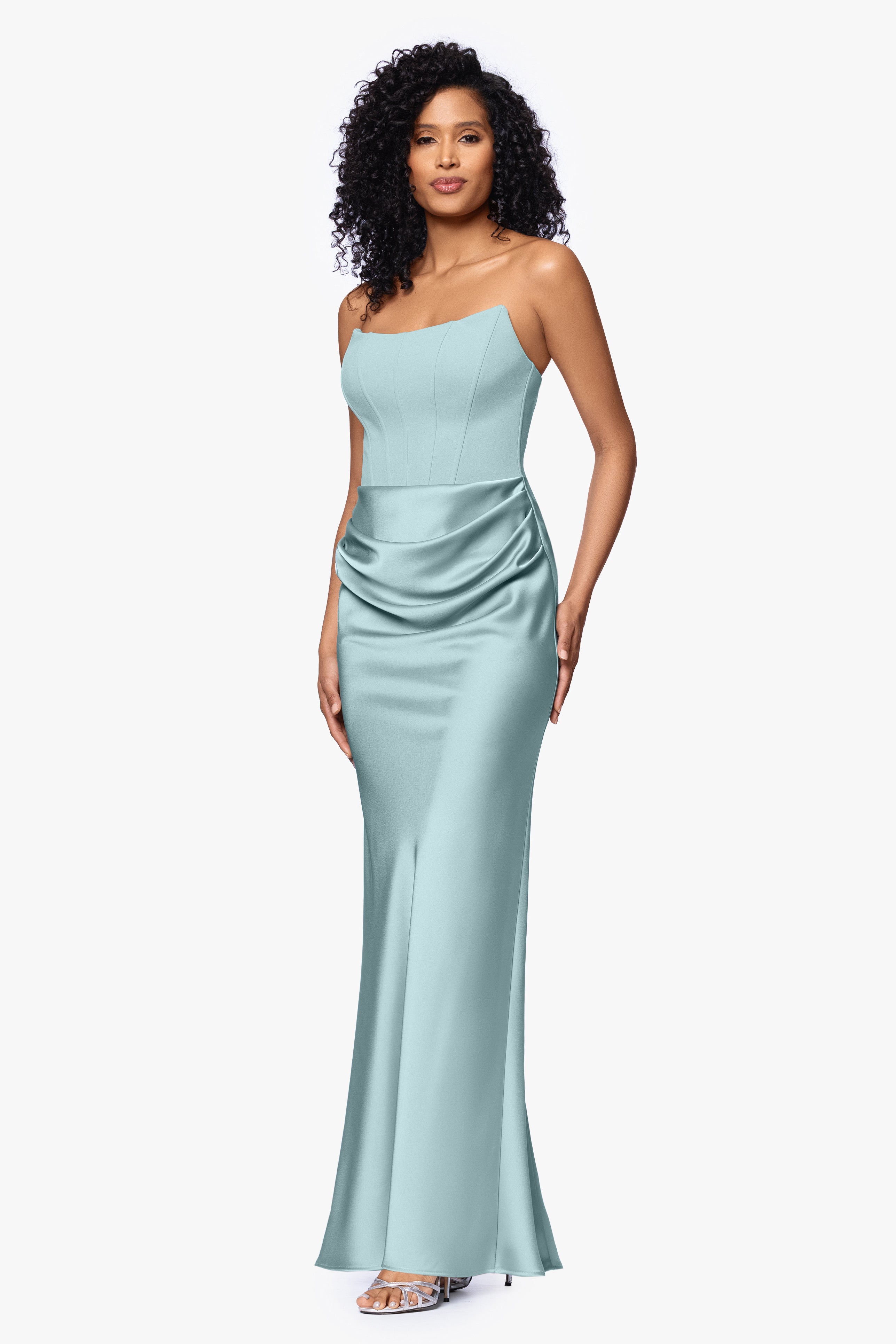 "Debra" Long Strapless Scuba Crepe and Satin Gown