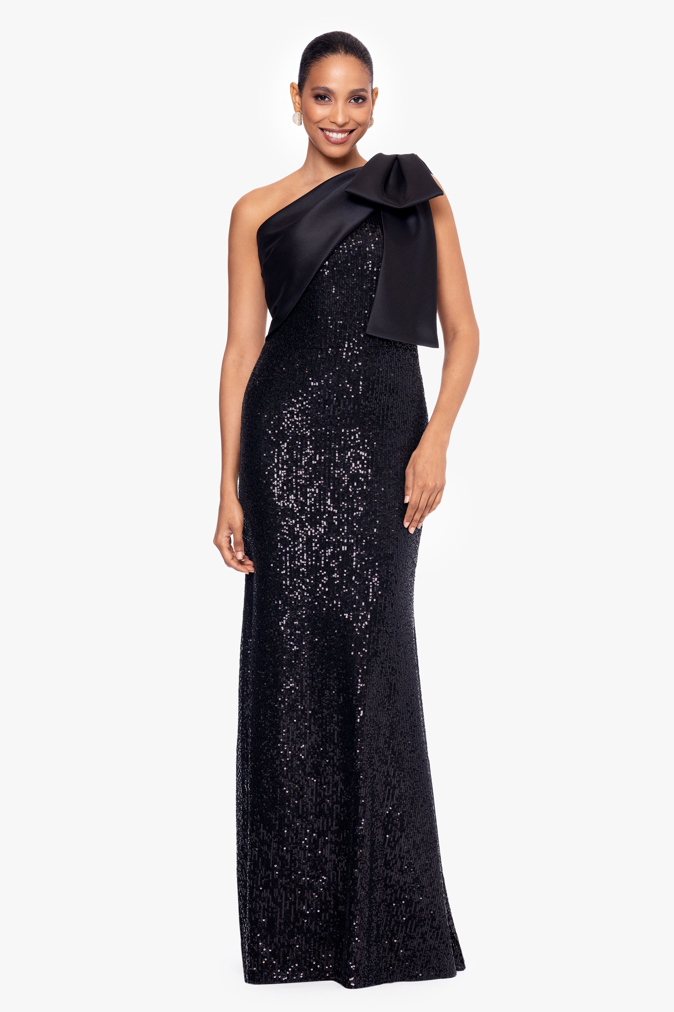 "Christy" Long Sequin Dress with Satin Bow
