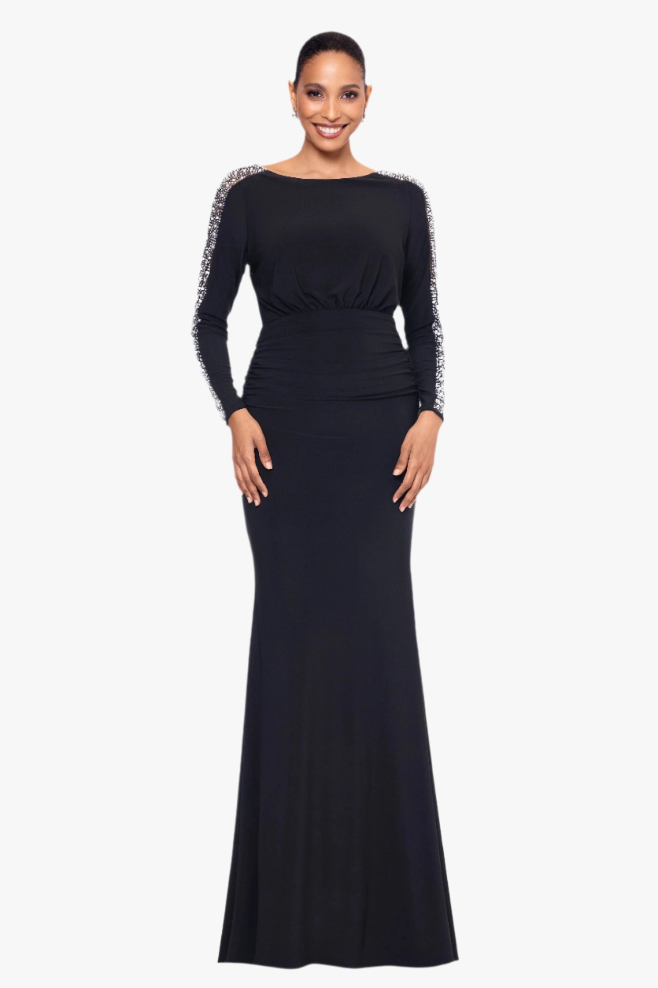 Petite "Ria" Jersey Knit Beaded Long Sleeve Floor Length Dress