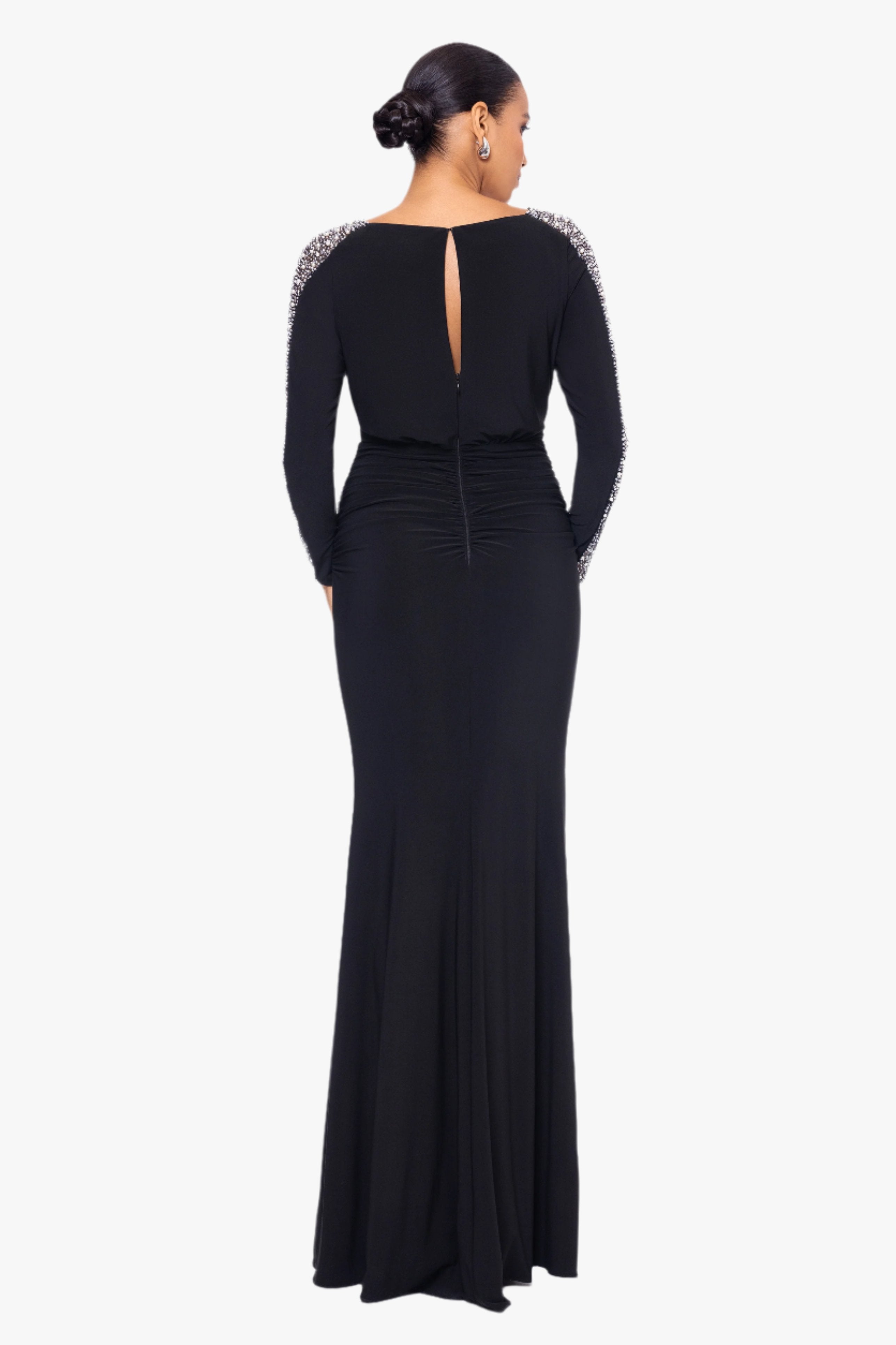 Petite "Ria" Jersey Knit Beaded Long Sleeve Floor Length Dress