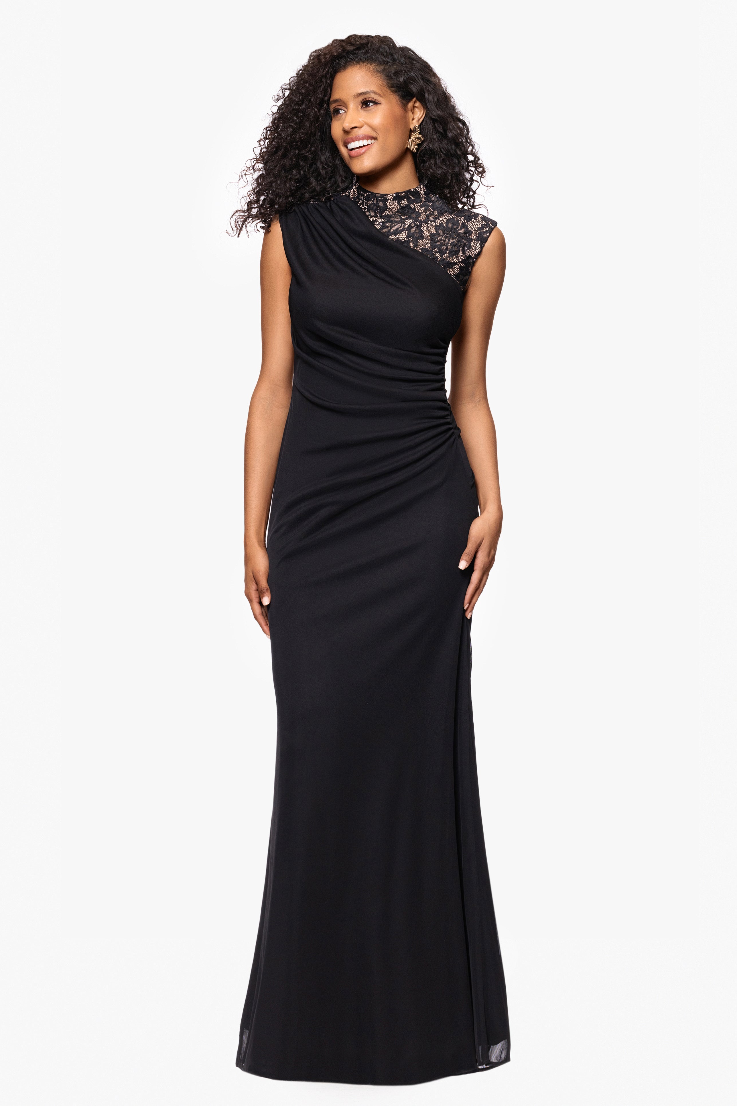 “Dayna” Petite Sheer Matte Jersey Knit Lace Neck Ruched Dress