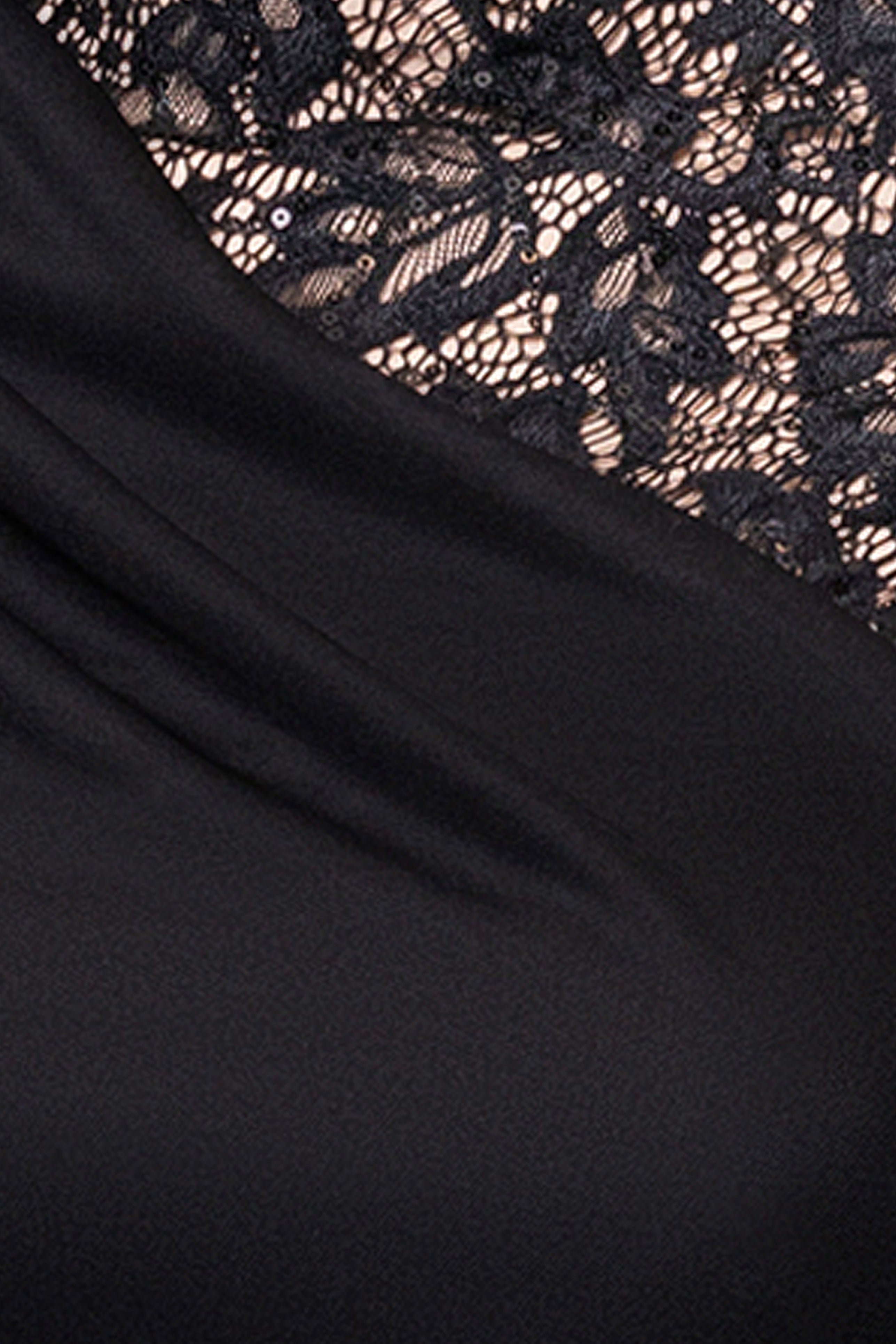 “Dayna” Petite Sheer Matte Jersey Knit Lace Neck Ruched Dress
