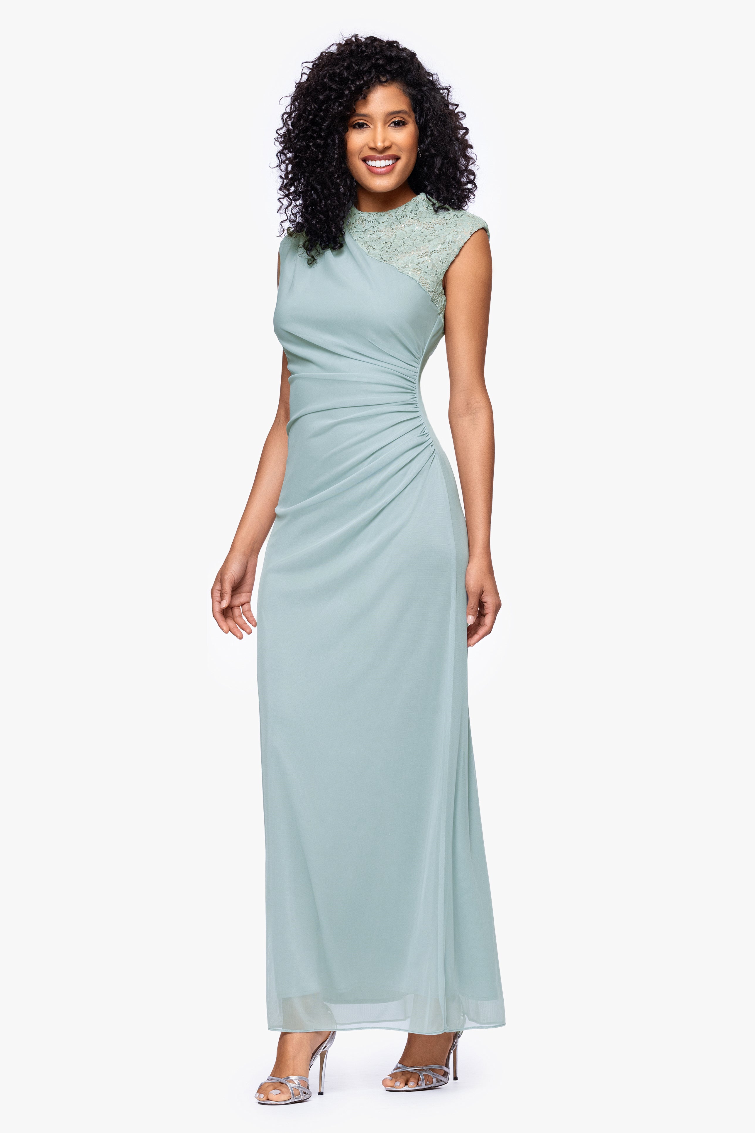 "Dayna" Floor Length Sleeveless Sheer Matte Jersey Lack Neck Rouched Side Dress