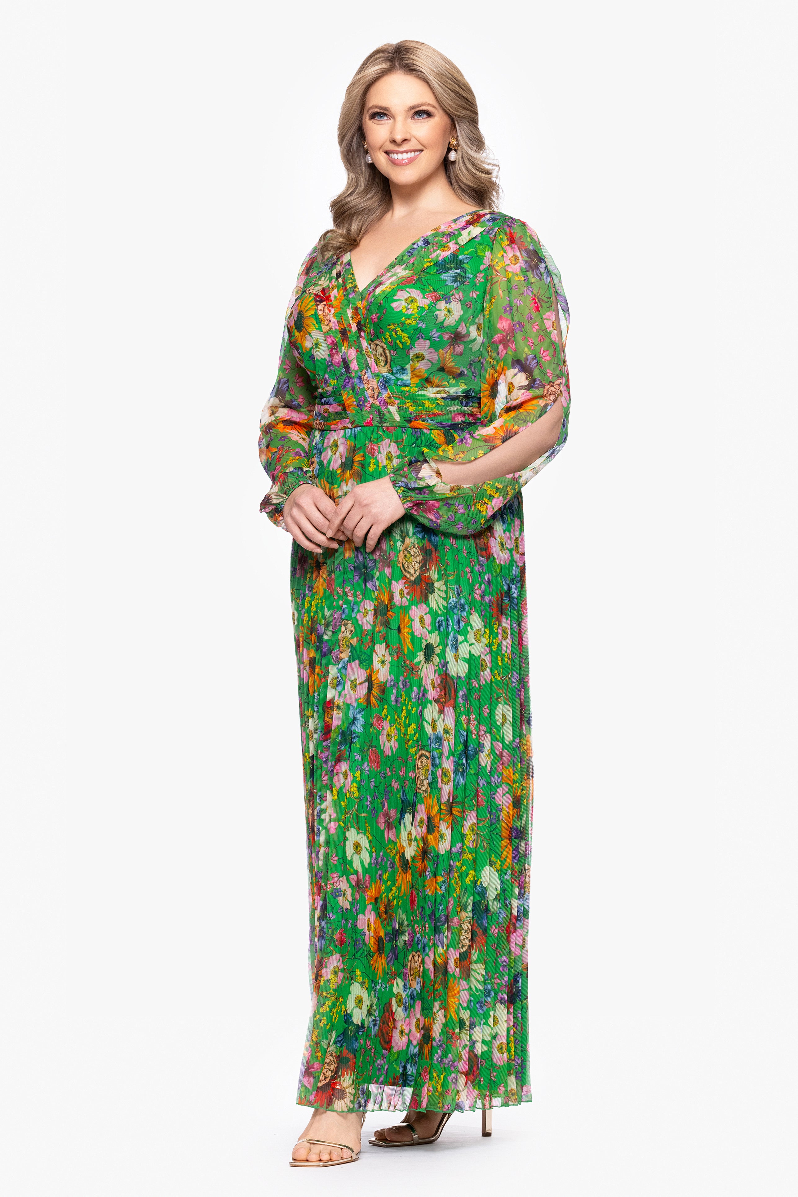 Plus "Katarina" Chiffon Print Long Sleeve Floor Length Dress
