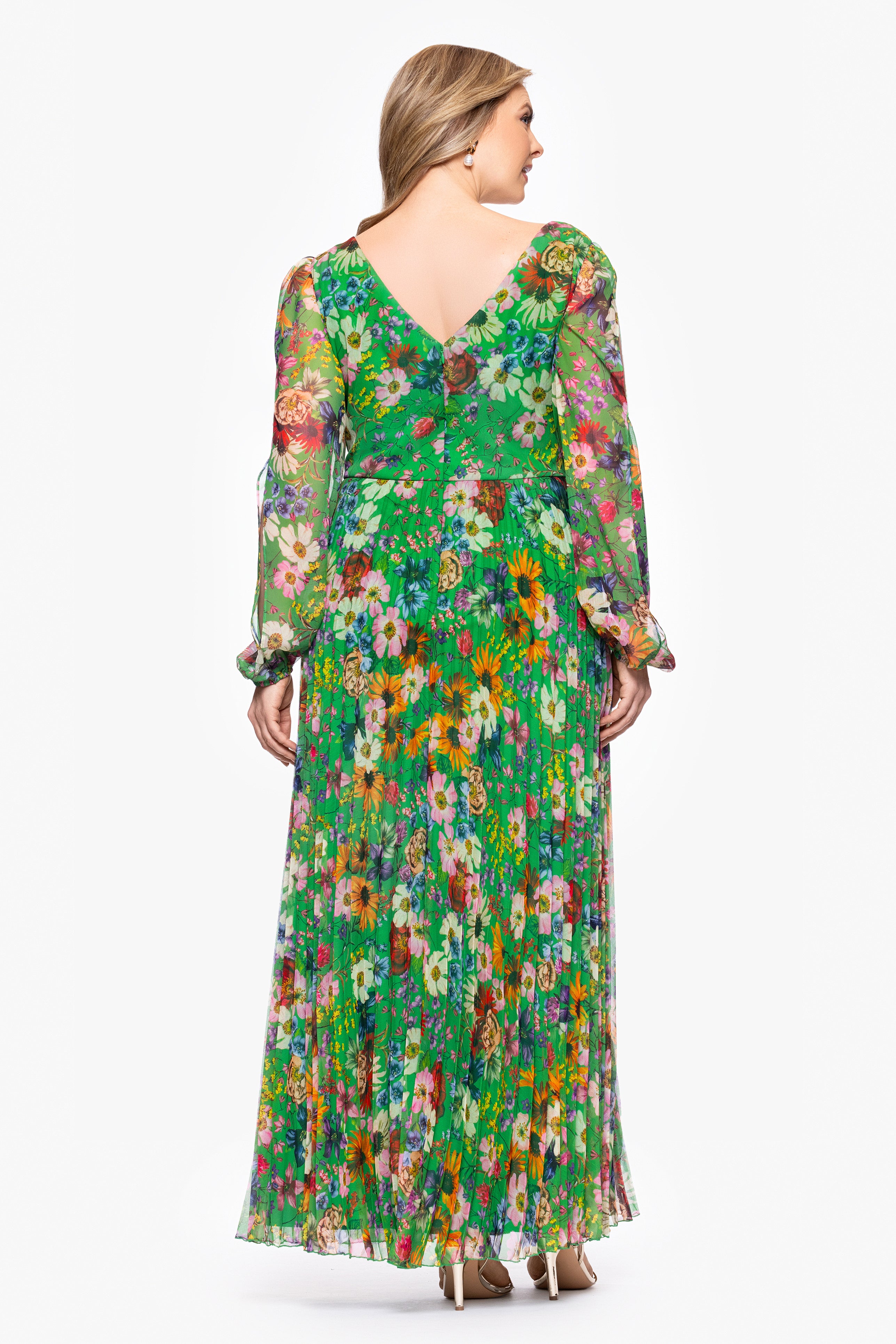Plus "Katarina" Chiffon Print Long Sleeve Floor Length Dress
