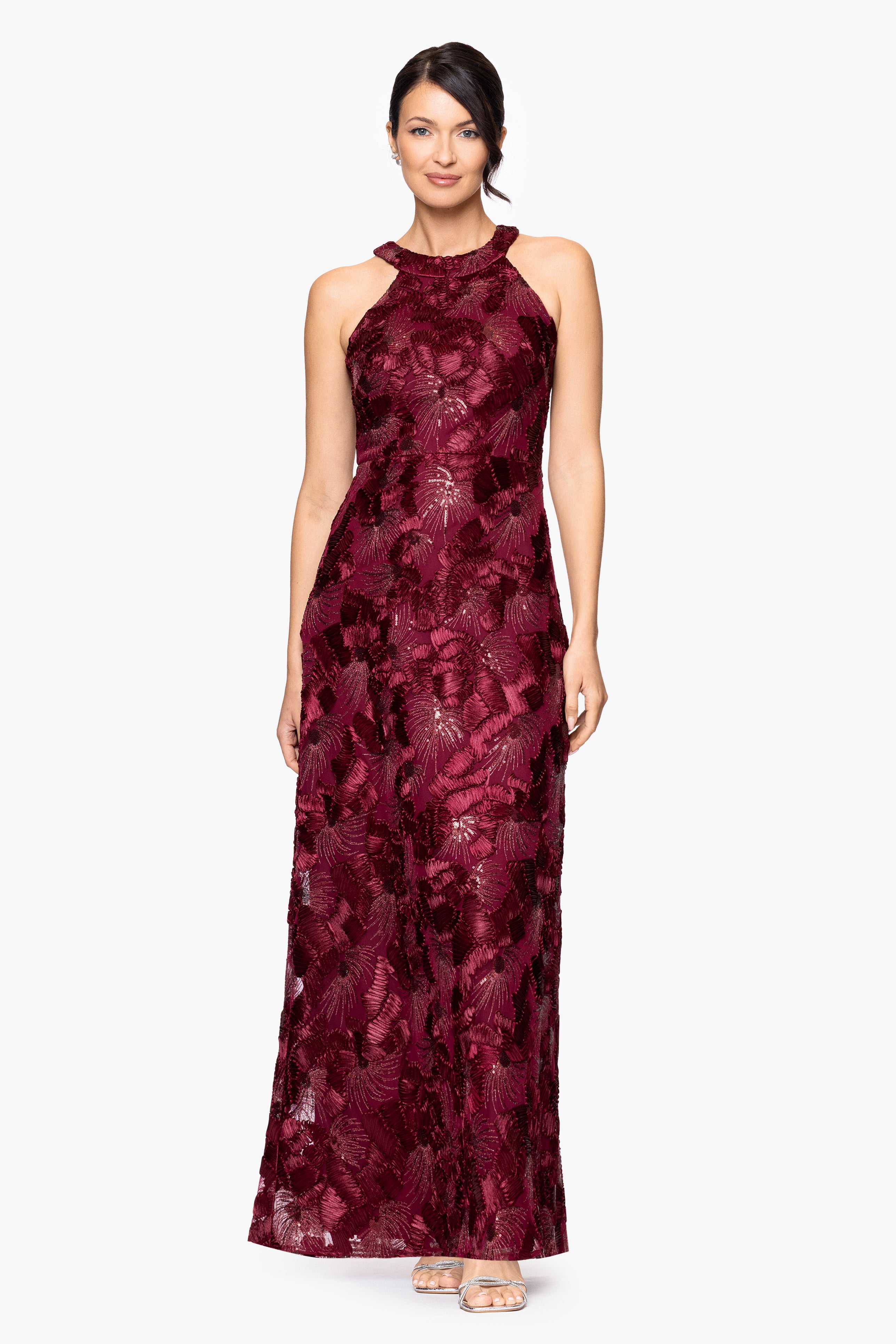 "Fabiana" Halter Neck Soutache and Sequin Floor Length Dress