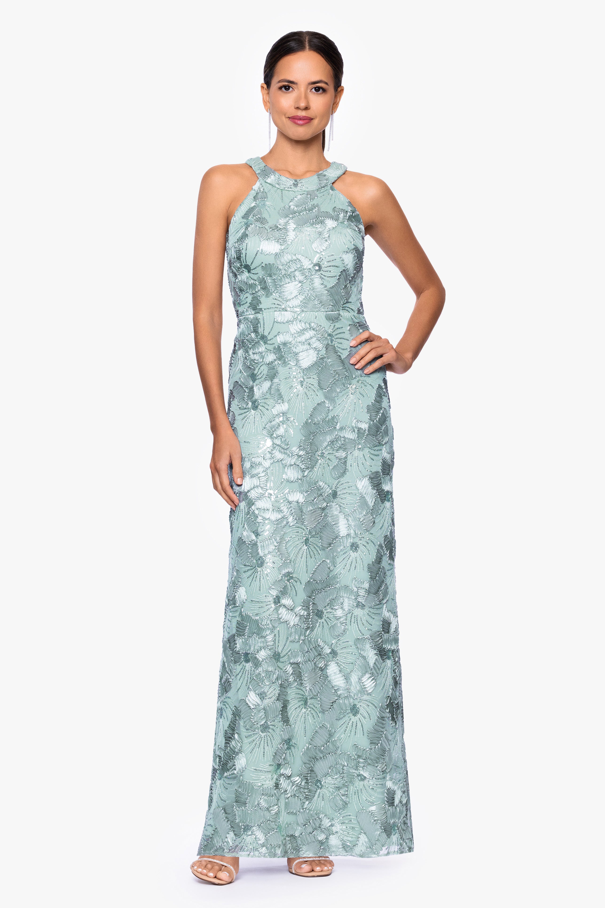 "Fabiana" Halter Neck Soutache and Sequin Floor Length Dress