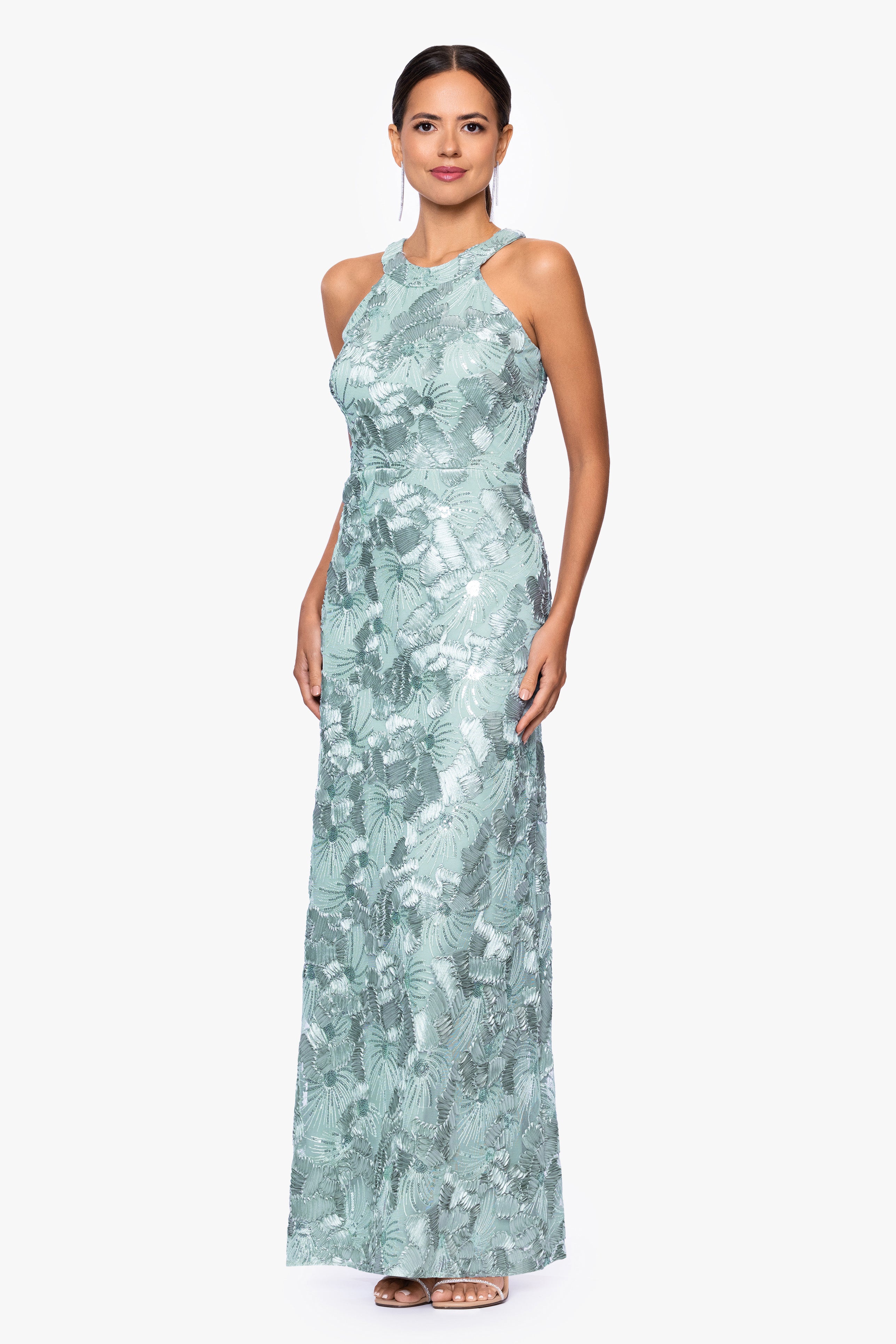 "Fabiana" Halter Neck Soutache and Sequin Floor Length Dress