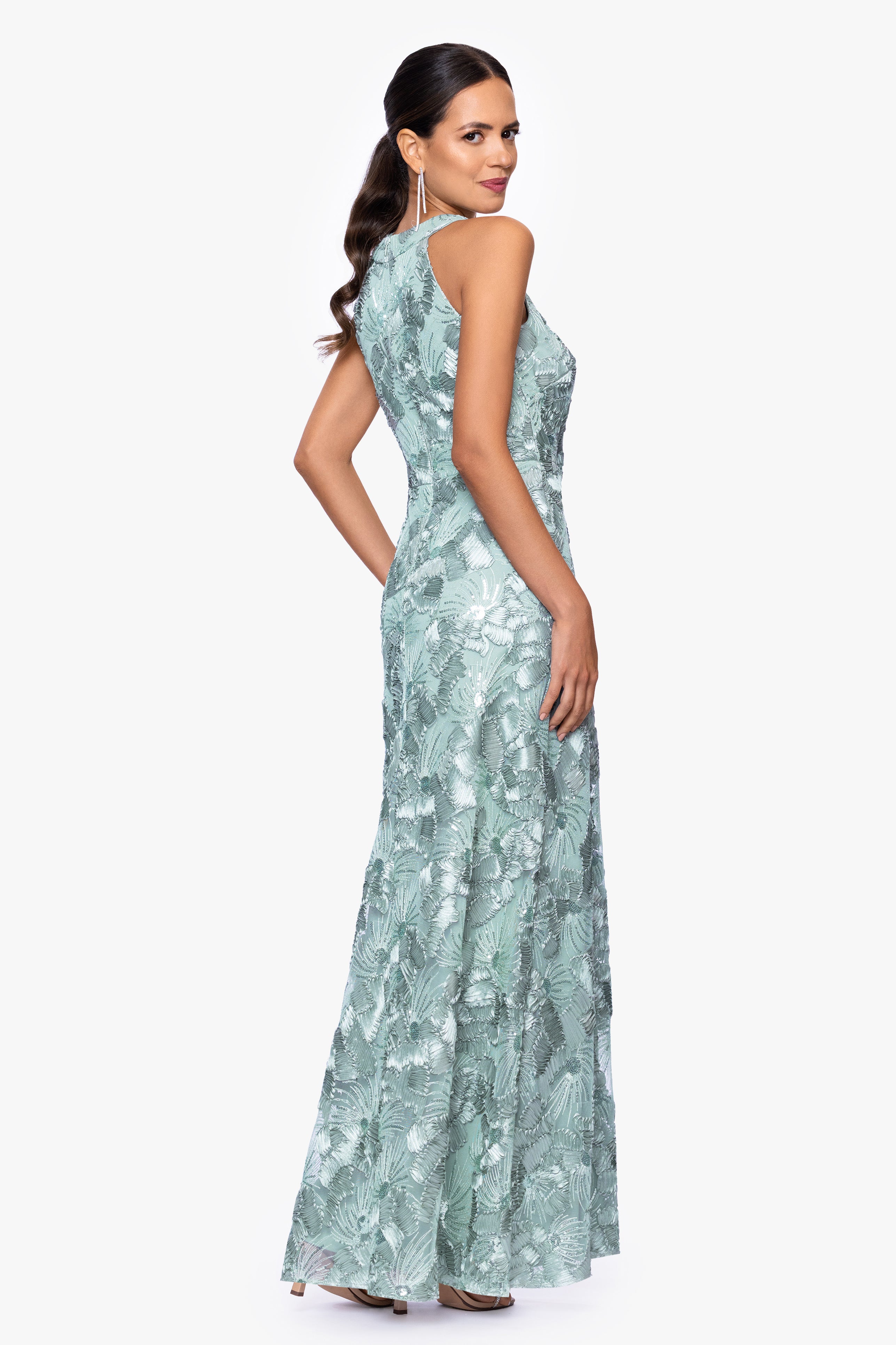 "Fabiana" Halter Neck Soutache and Sequin Floor Length Dress