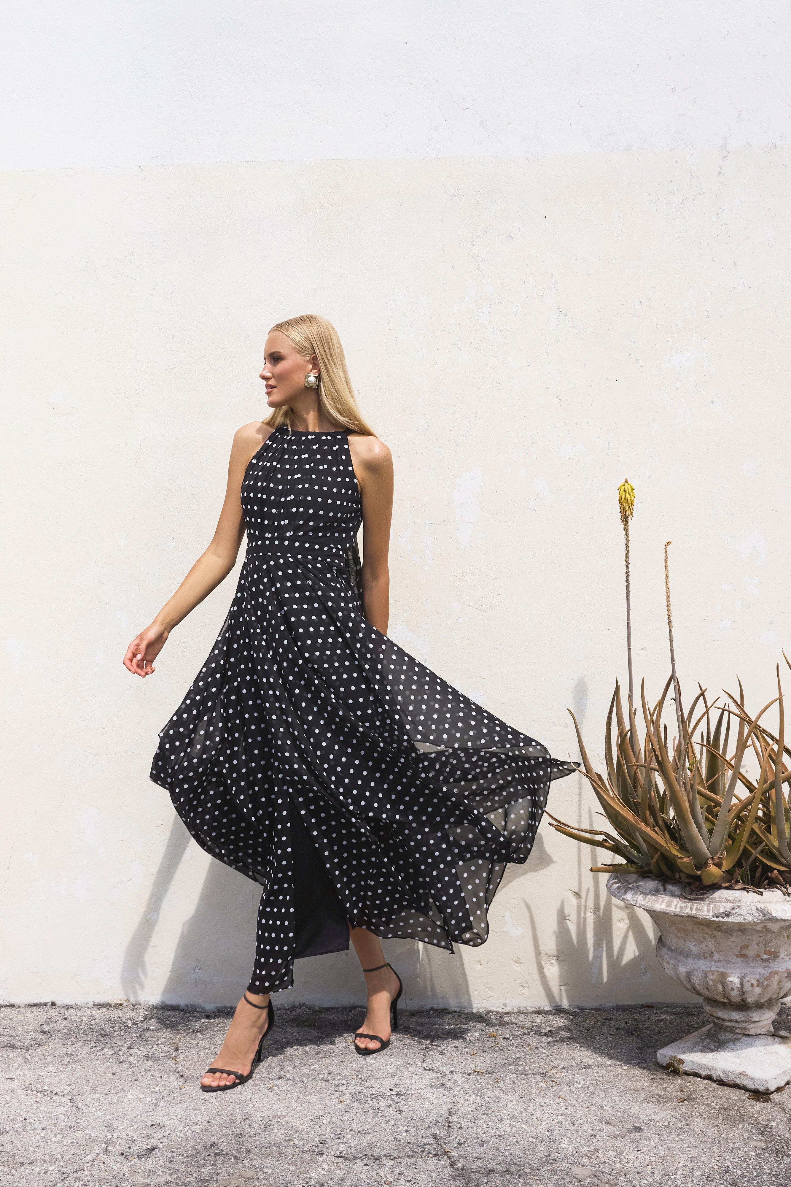 "Delphine" Chiffon Polka Dot Handkerchief Floor Length Dress