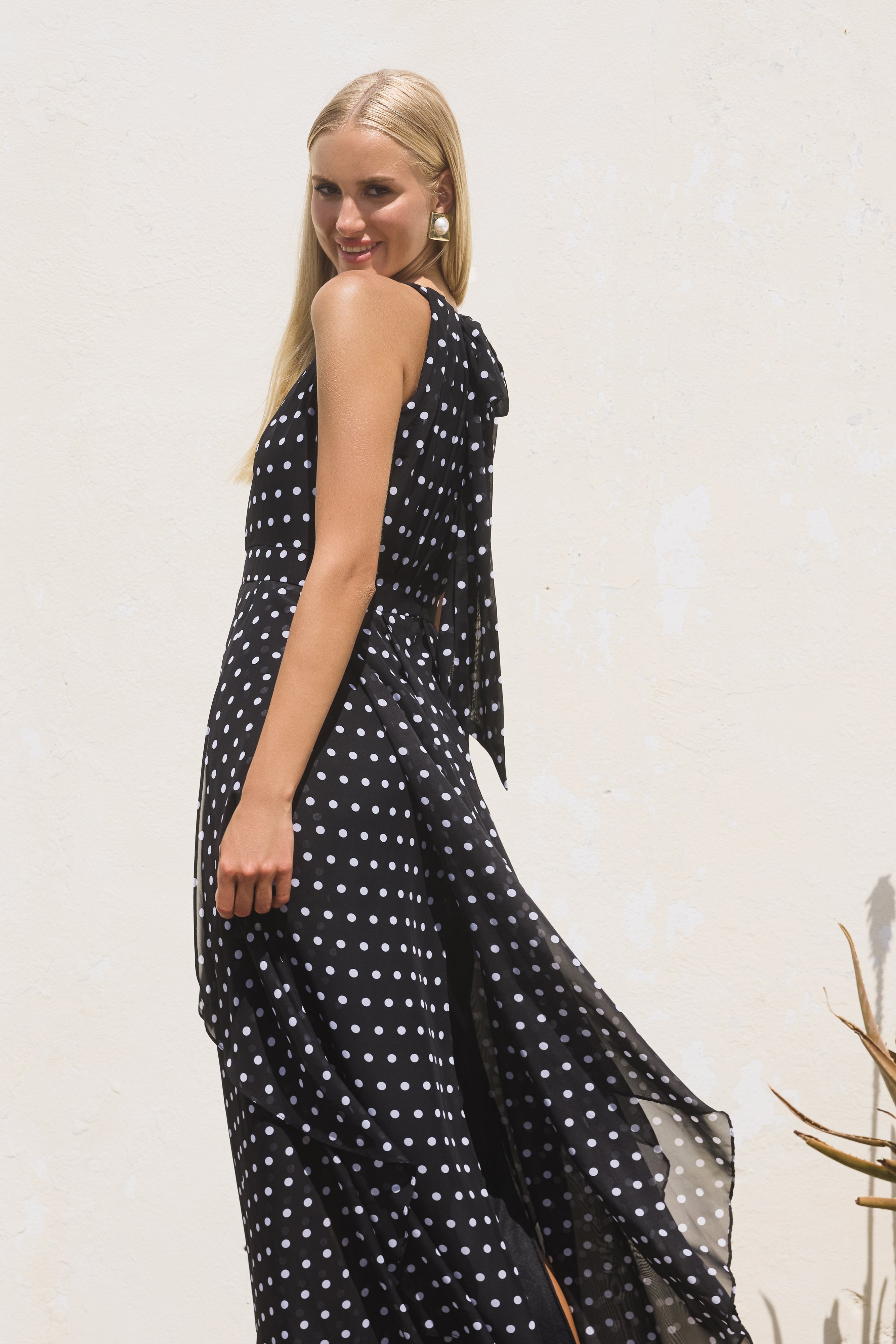 "Delphine" Chiffon Polka Dot Handkerchief Floor Length Dress