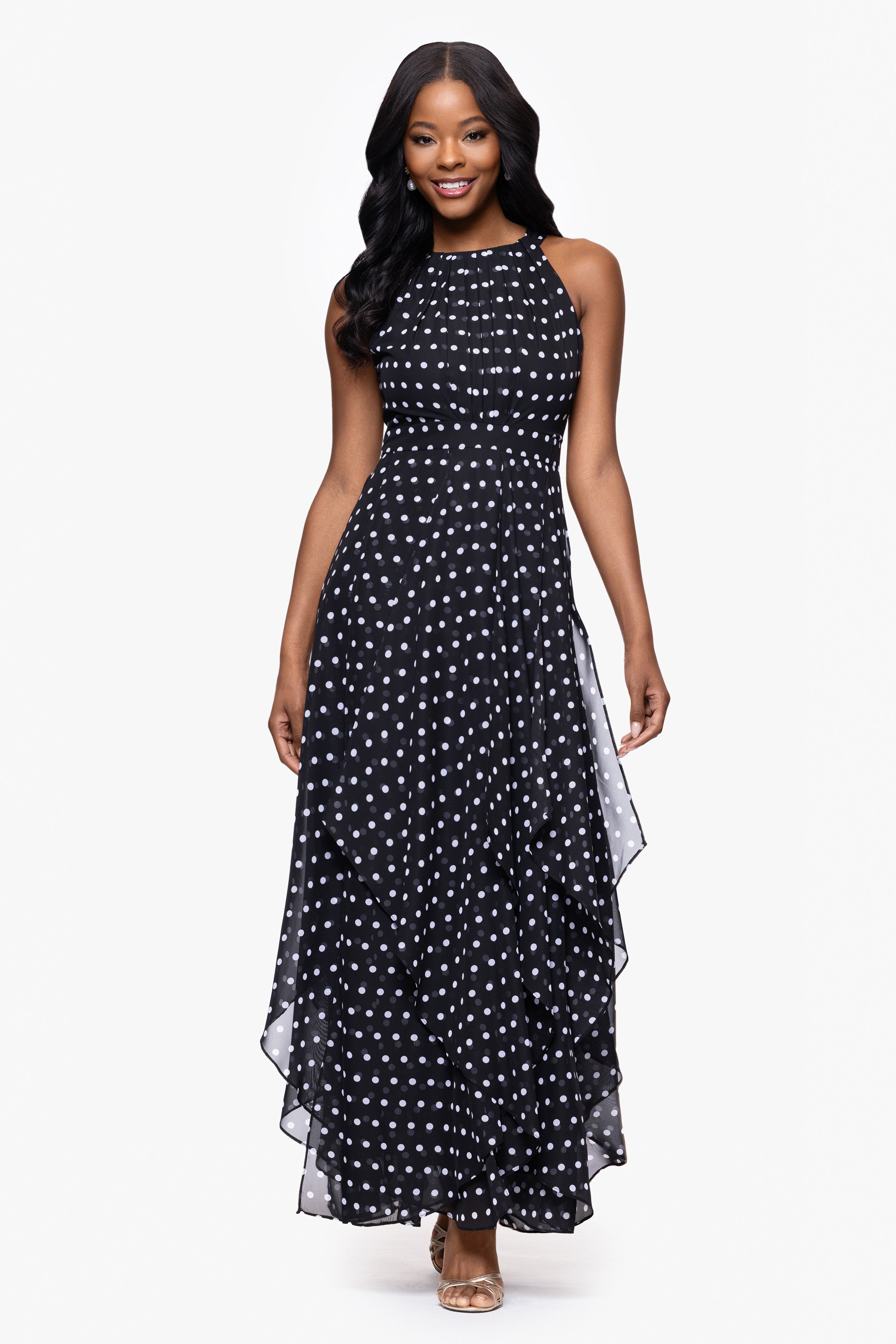 "Delphine" Chiffon Polka Dot Handkerchief Floor Length Dress