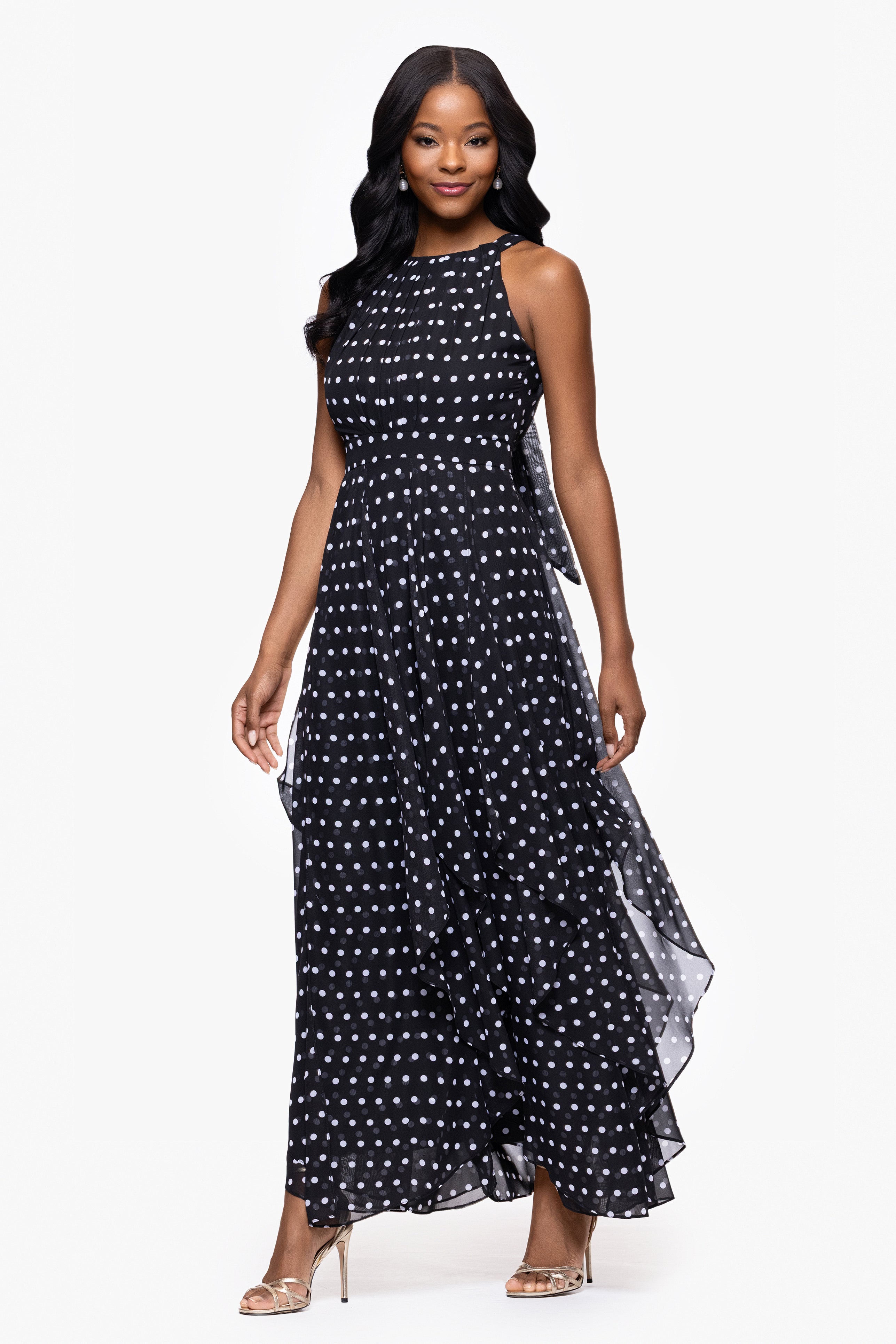 "Delphine" Chiffon Polka Dot Handkerchief Floor Length Dress
