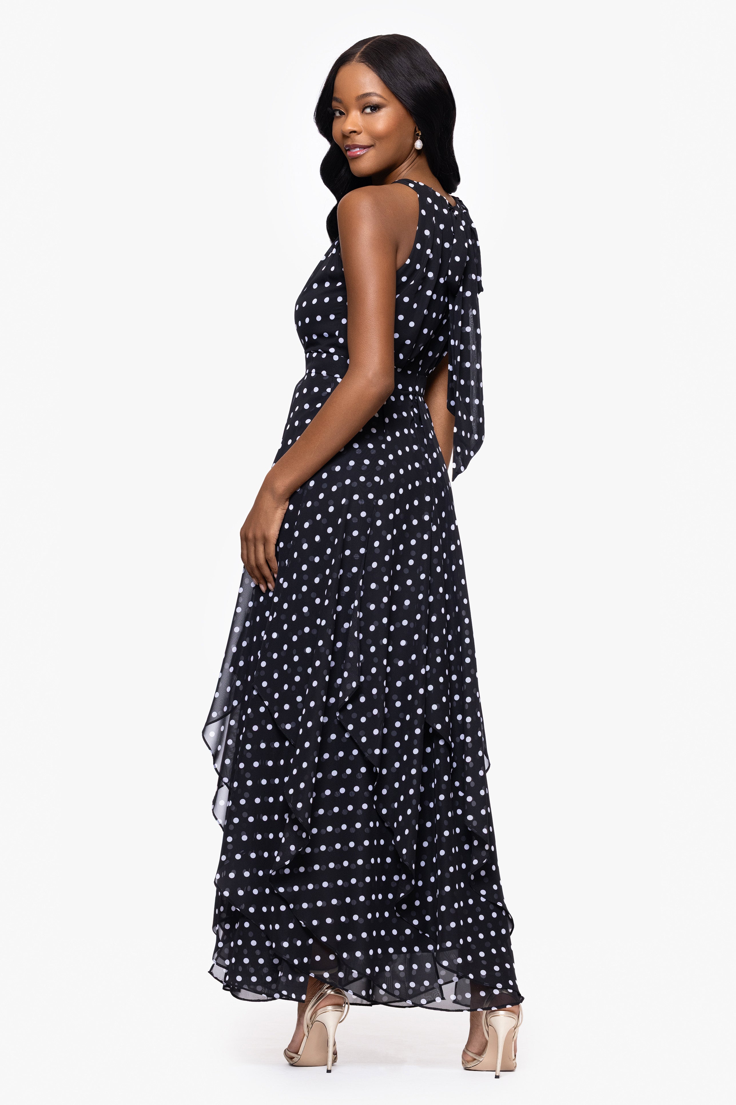 "Delphine" Chiffon Polka Dot Handkerchief Floor Length Dress