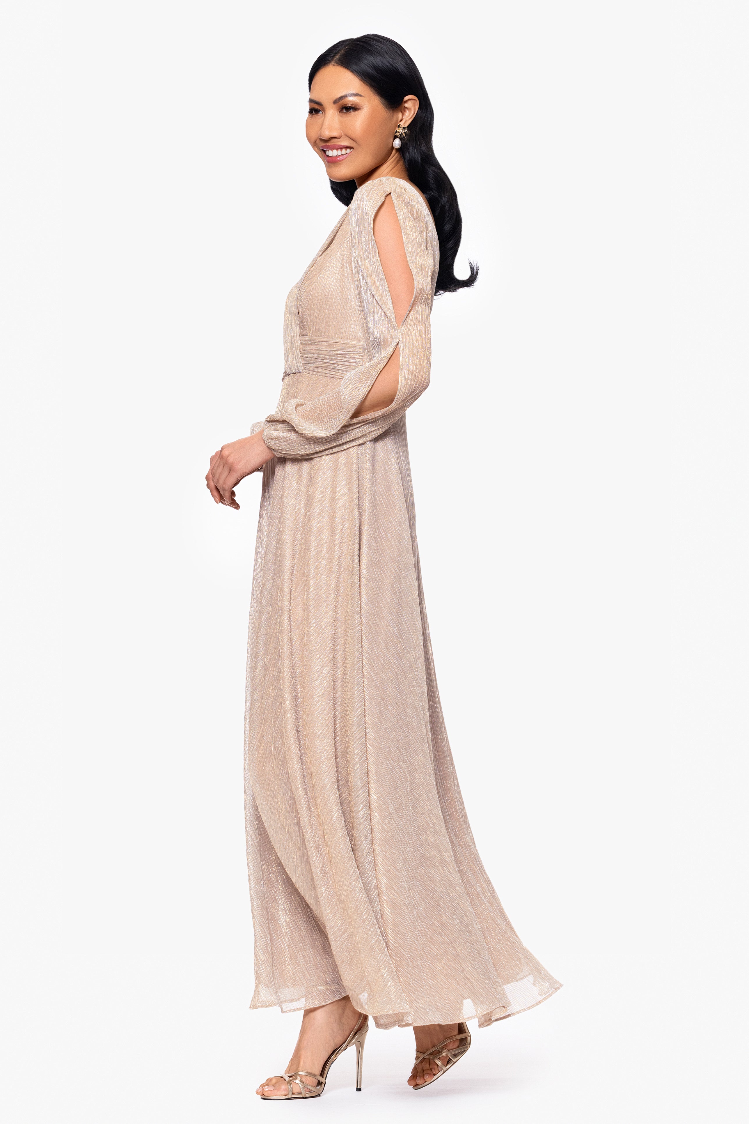 "Cheryl" Long Sleeve V Neck Metallic Knit Floor Length Dress