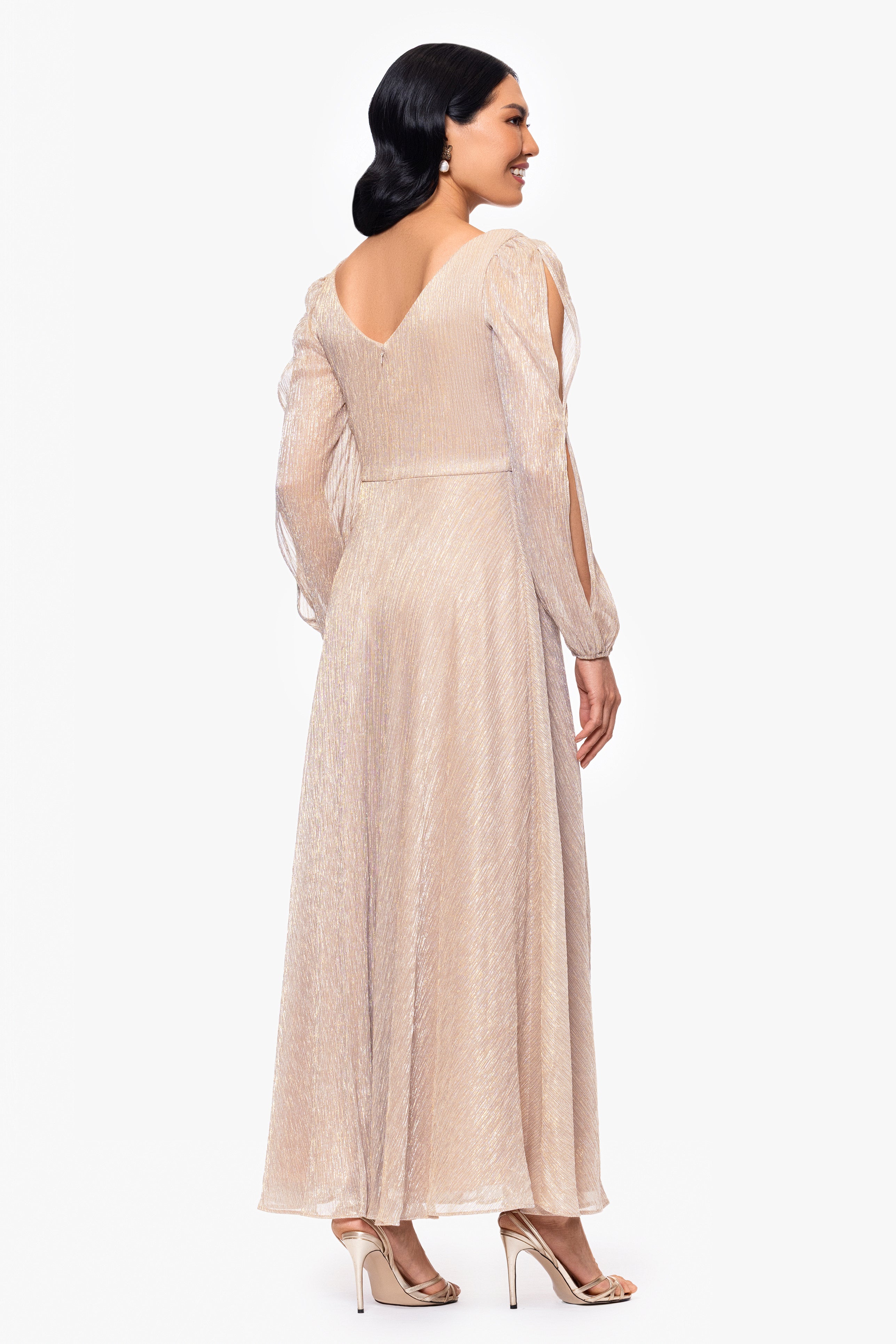 "Cheryl" Long Sleeve V Neck Metallic Knit Floor Length Dress