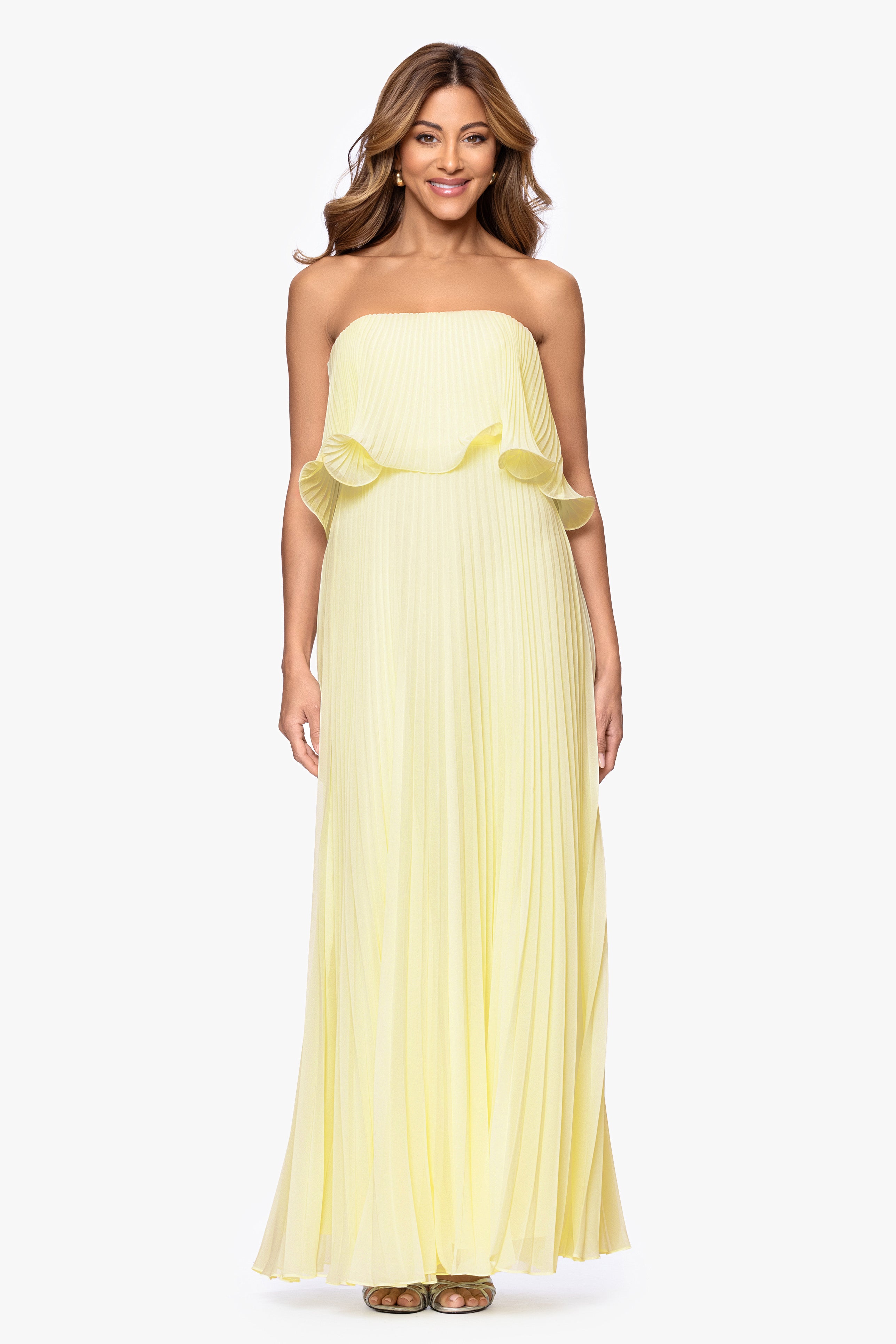 "Zoe" Strapless Chiffon Pleated Floor Length Dress