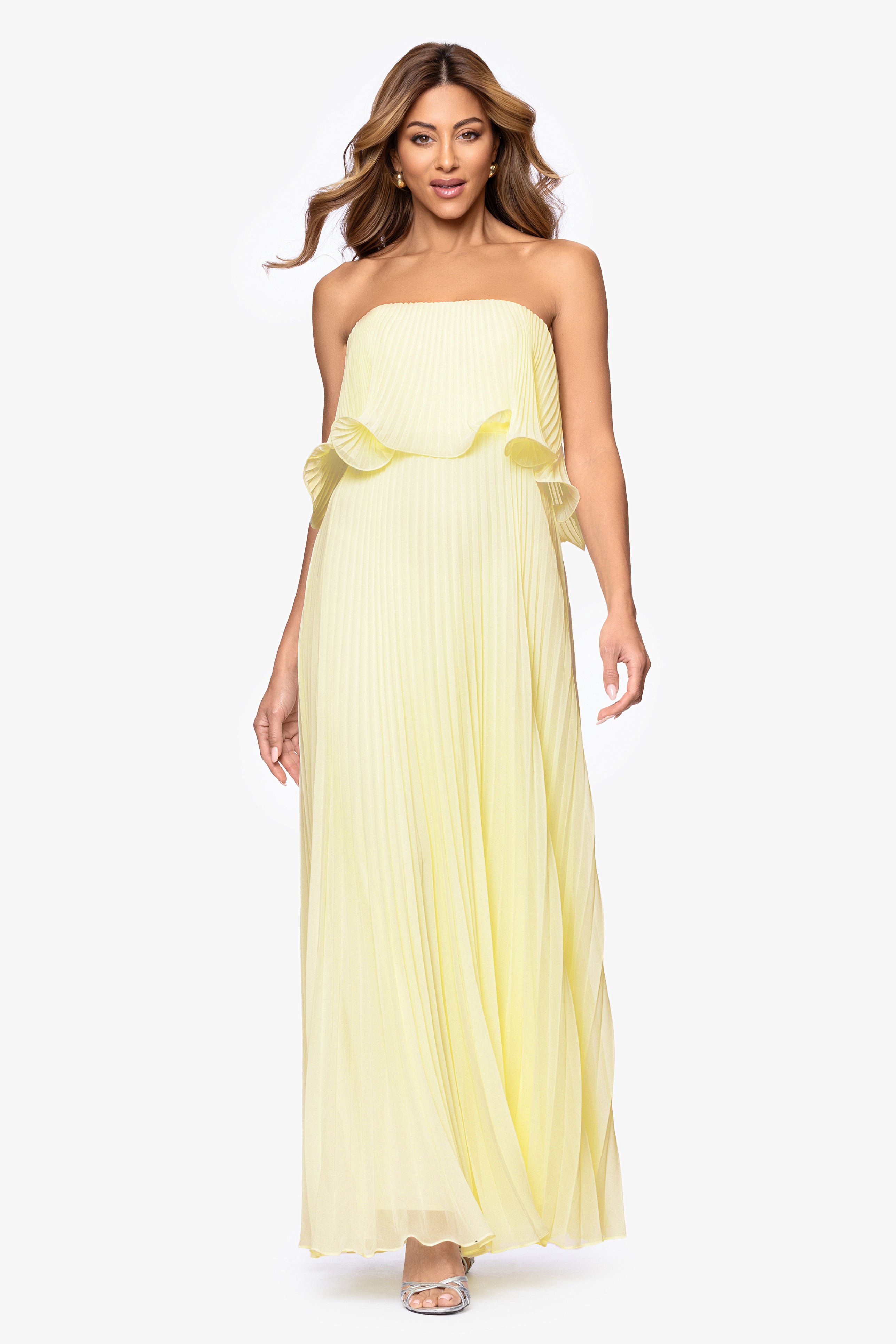 "Zoe" Strapless Chiffon Pleated Floor Length Dress
