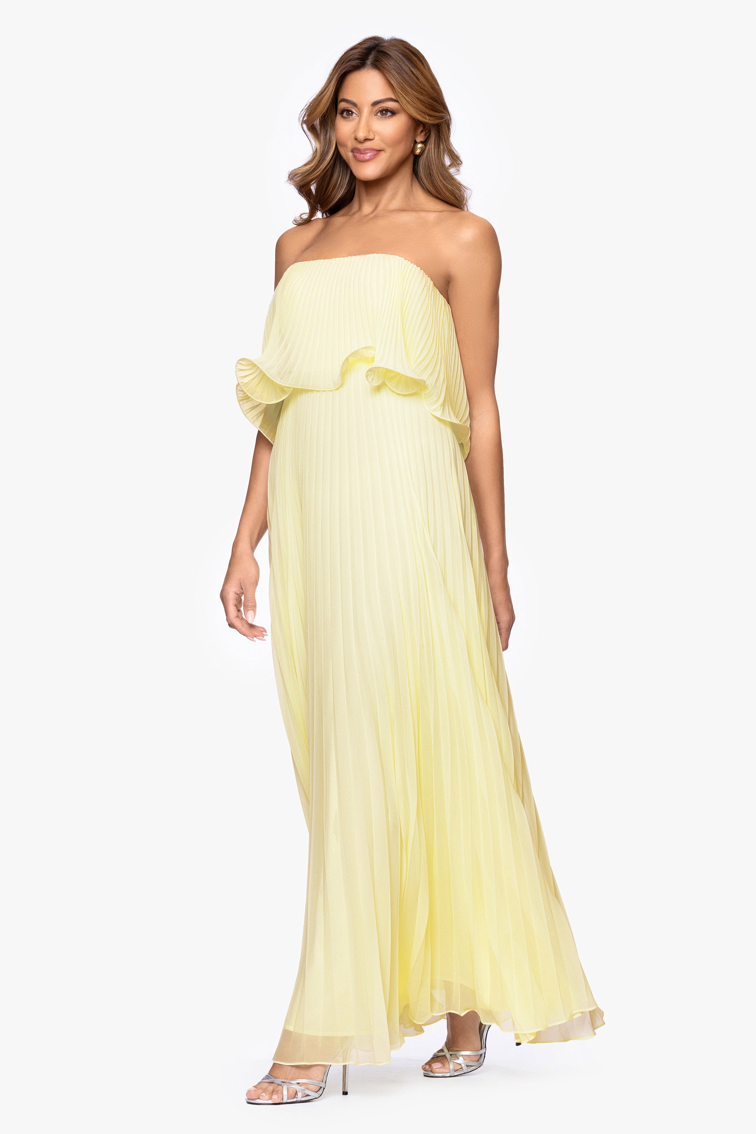"Zoe" Strapless Chiffon Pleated Floor Length Dress
