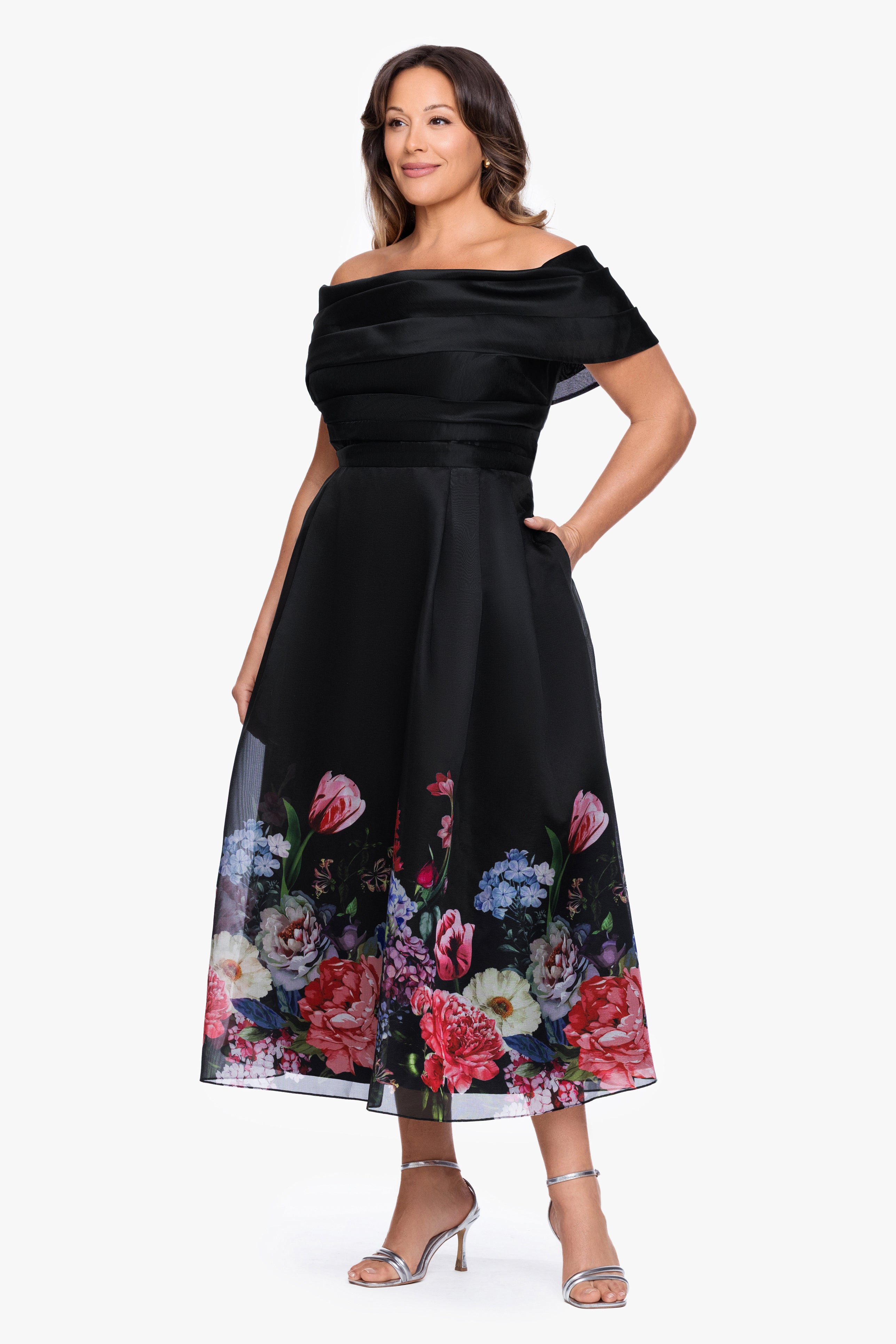 Plus "Tabitha" Organza Print Off the Shoulder Midi Dress
