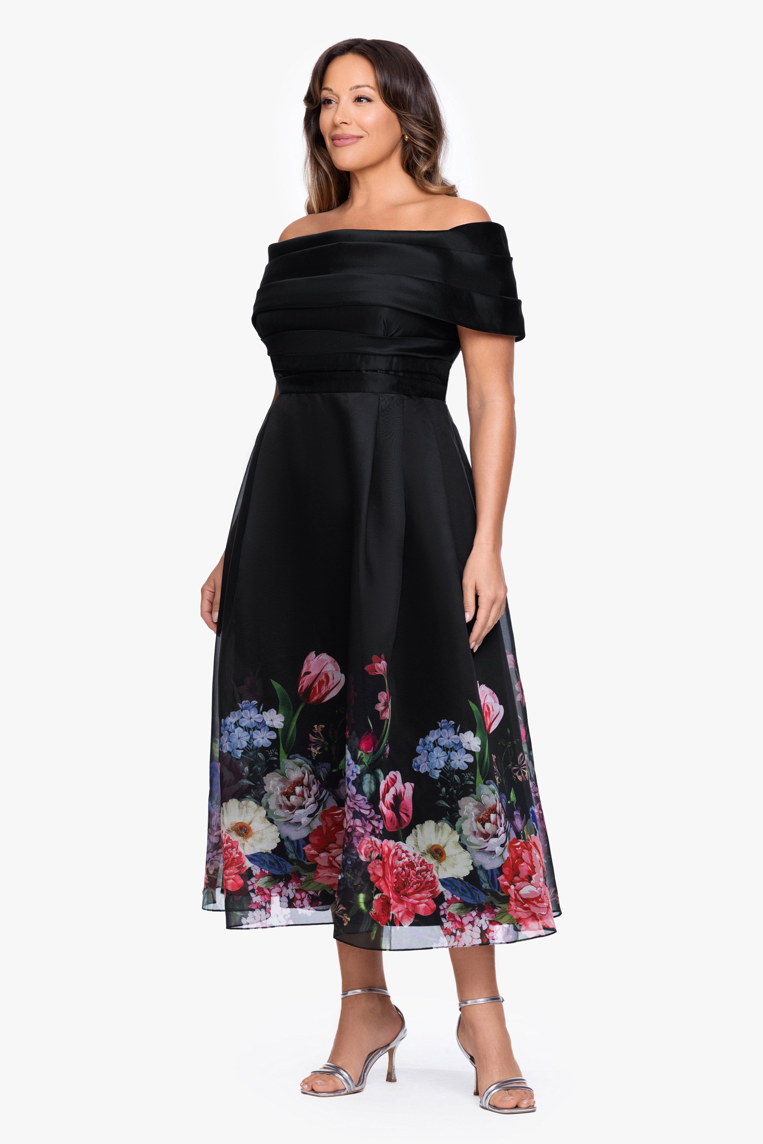 Plus "Tabitha" Organza Print Off the Shoulder Midi Dress
