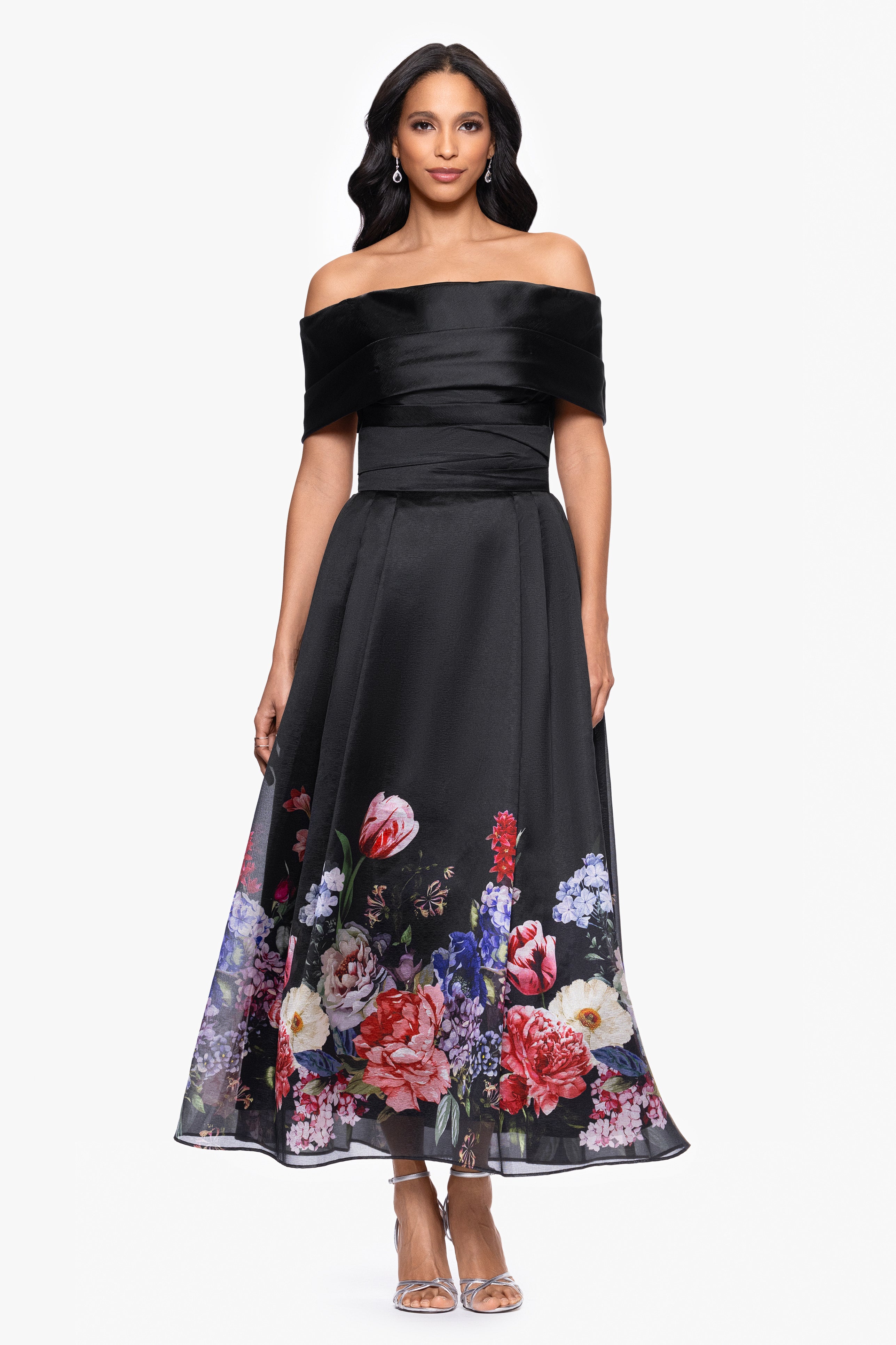 "Tabitha" Organza Print Off the Shoulder Midi Dress