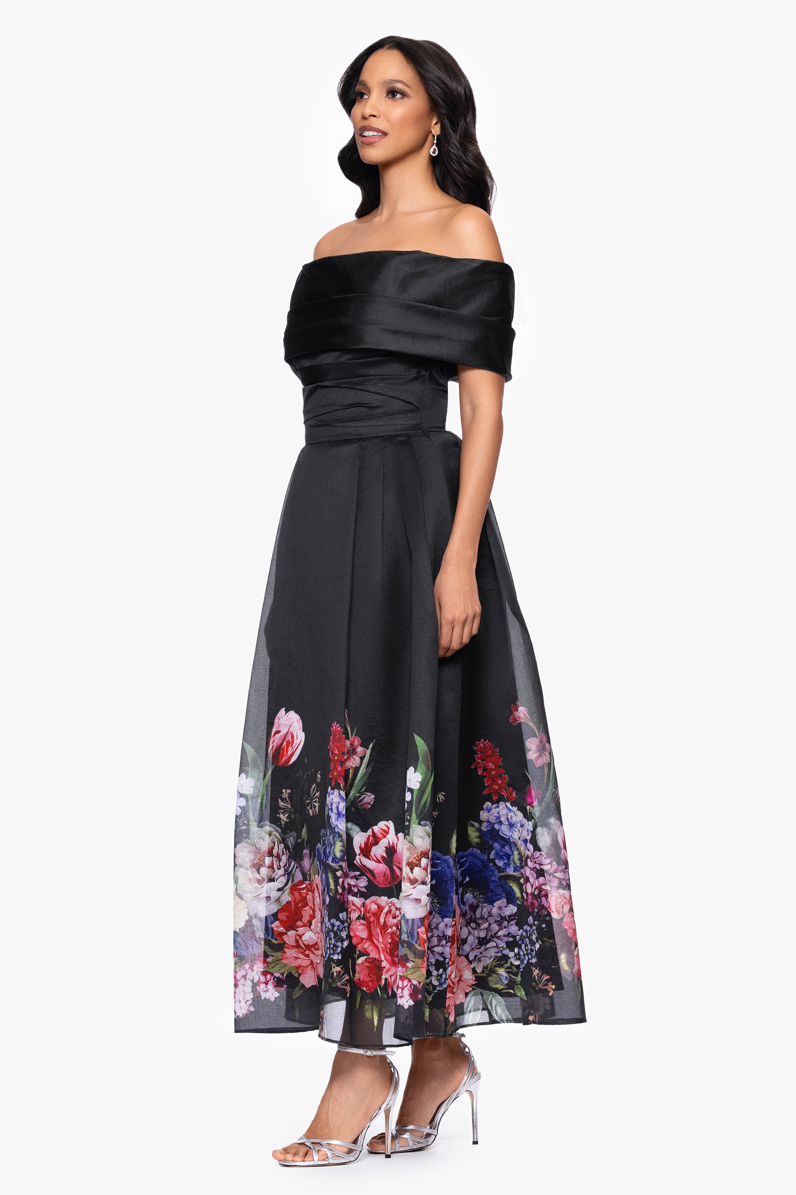 "Tabitha" Organza Print Off the Shoulder Midi Dress