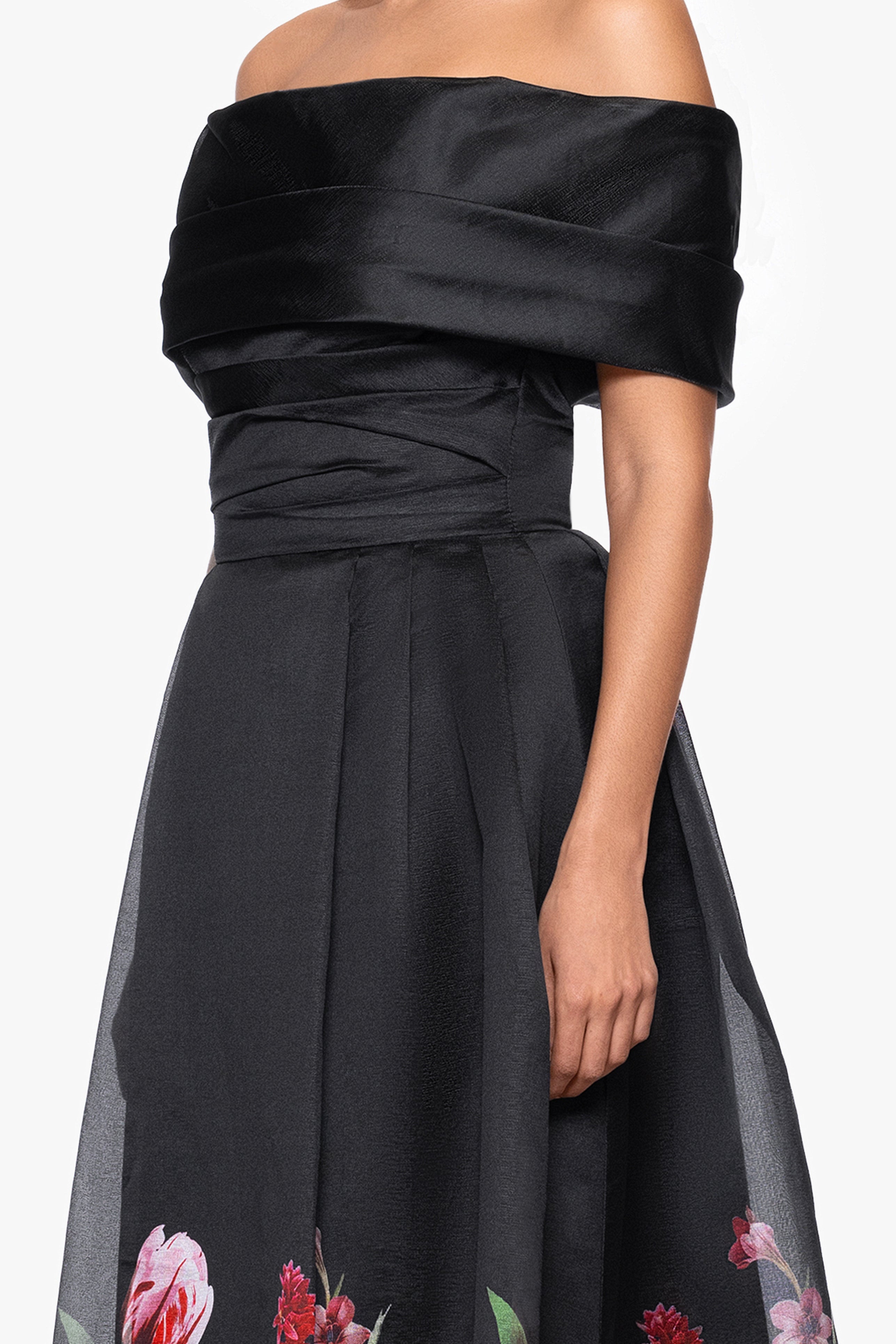 "Tabitha" Organza Print Off the Shoulder Midi Dress