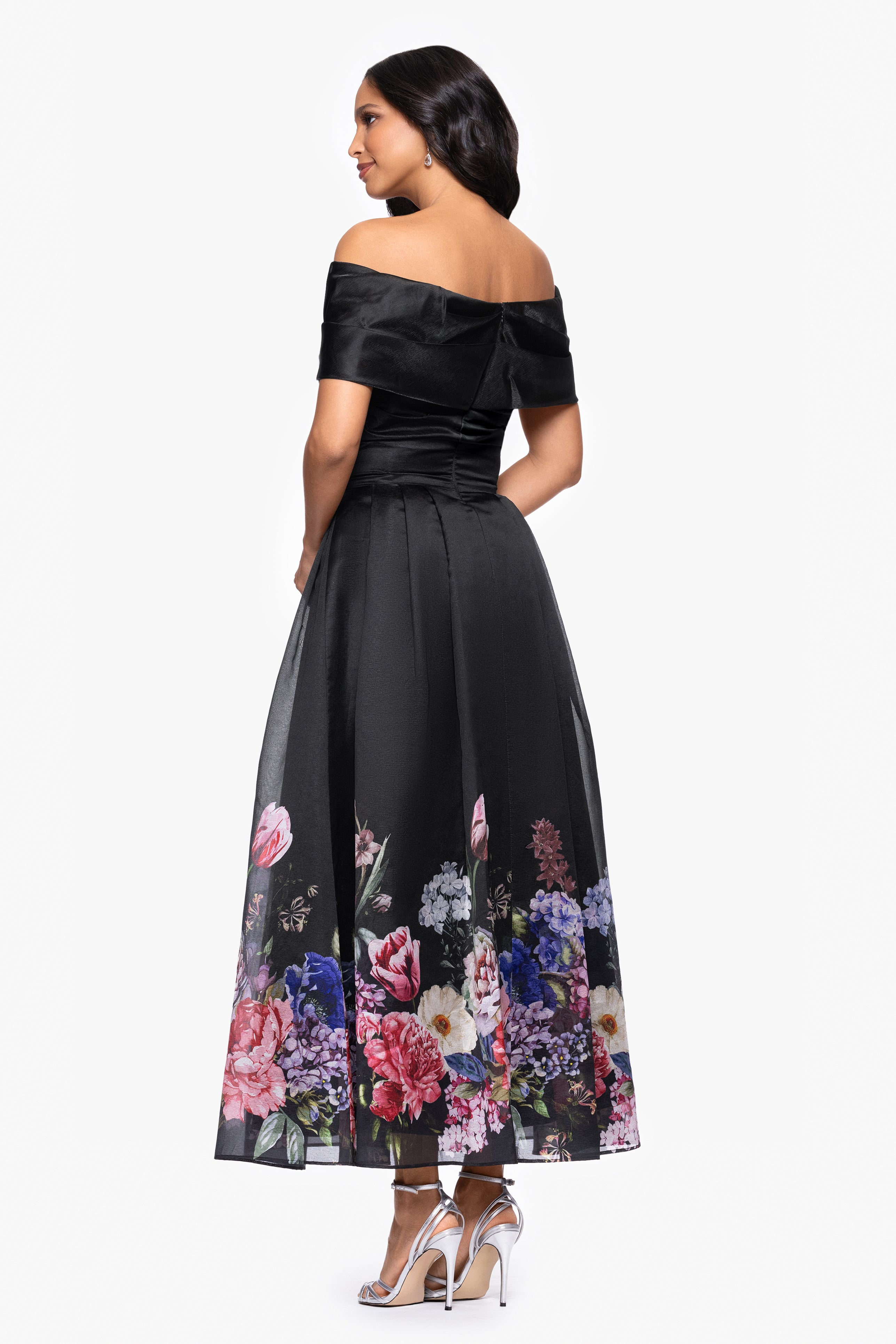 "Tabitha" Organza Print Off the Shoulder Midi Dress