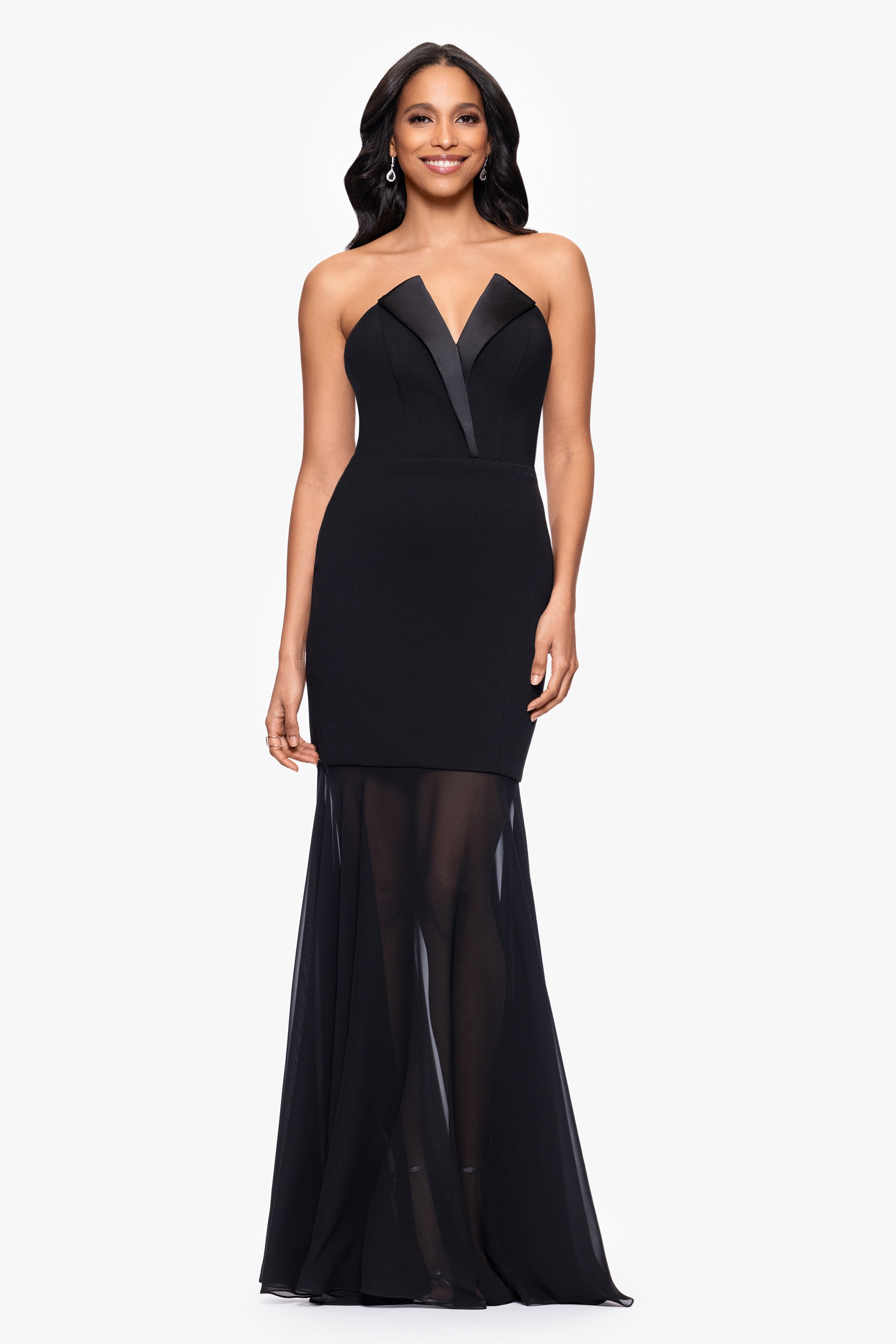 "Rosanna" Scuba Crepe and Chiffon Floor Length Tuxedo Dress