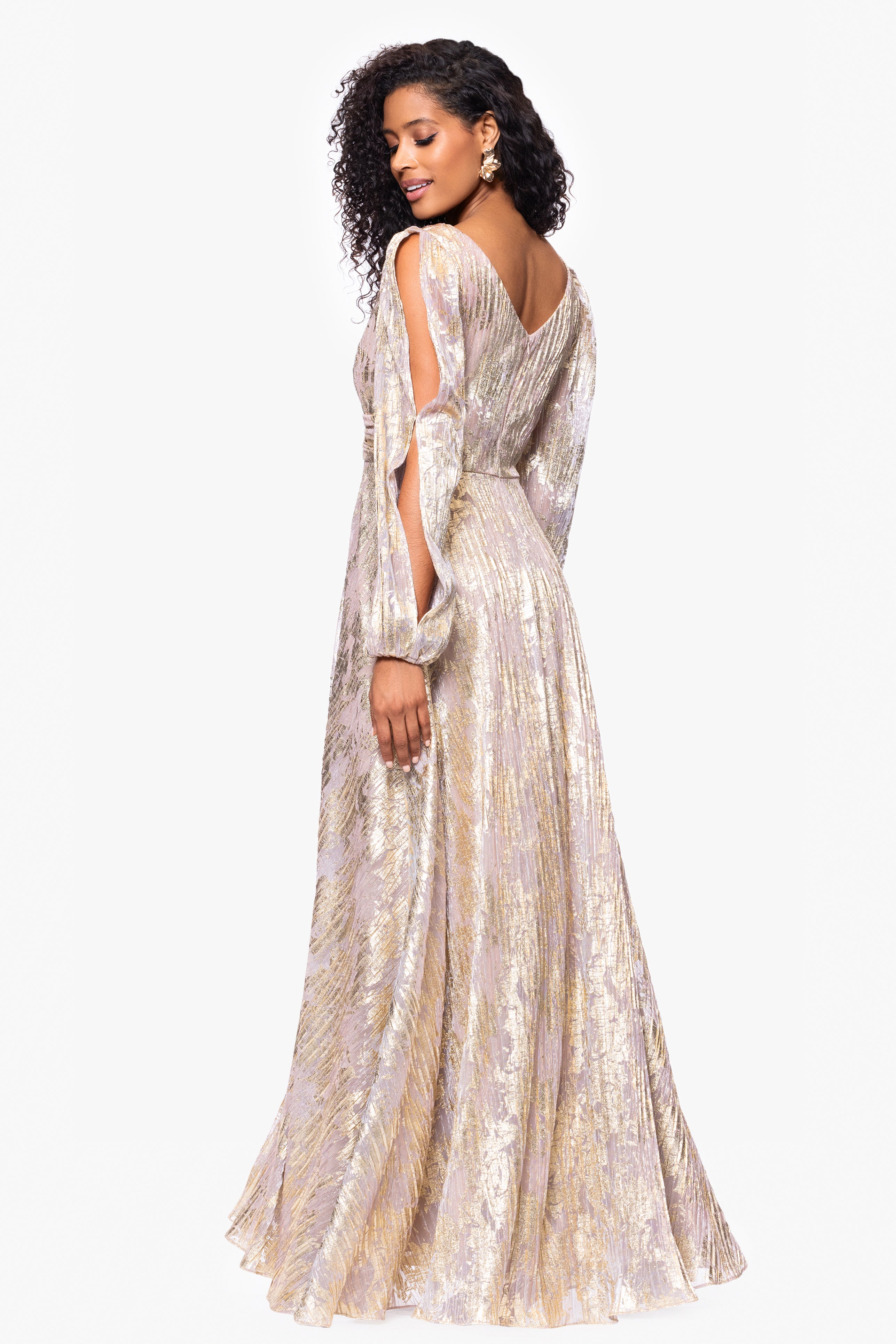 "Marla" Long Sleeve V Neck Metallic Knit Floor Length Dress