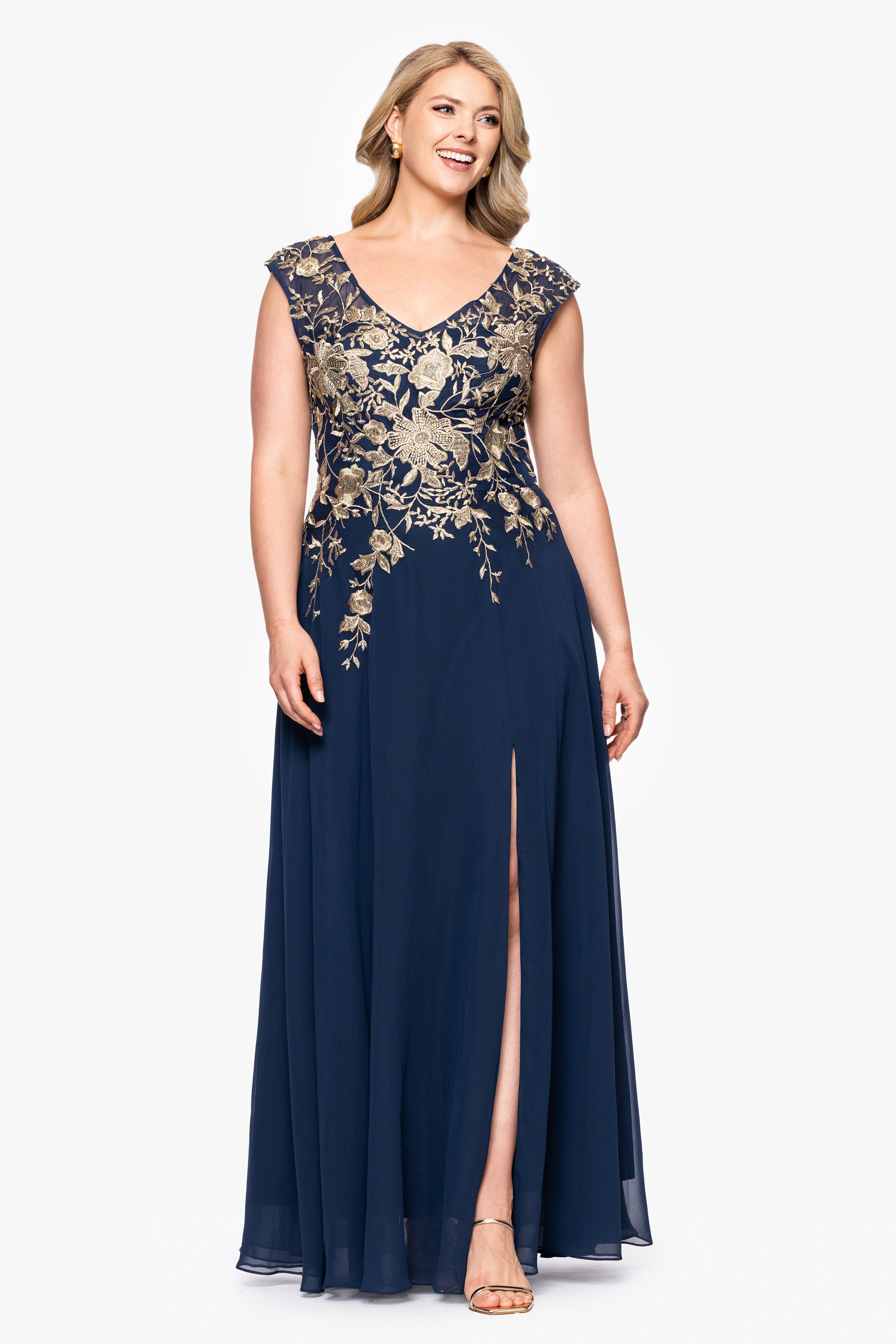 Plus "Maeve" Chiffon Embroidered Bodice Floor Length Dress
