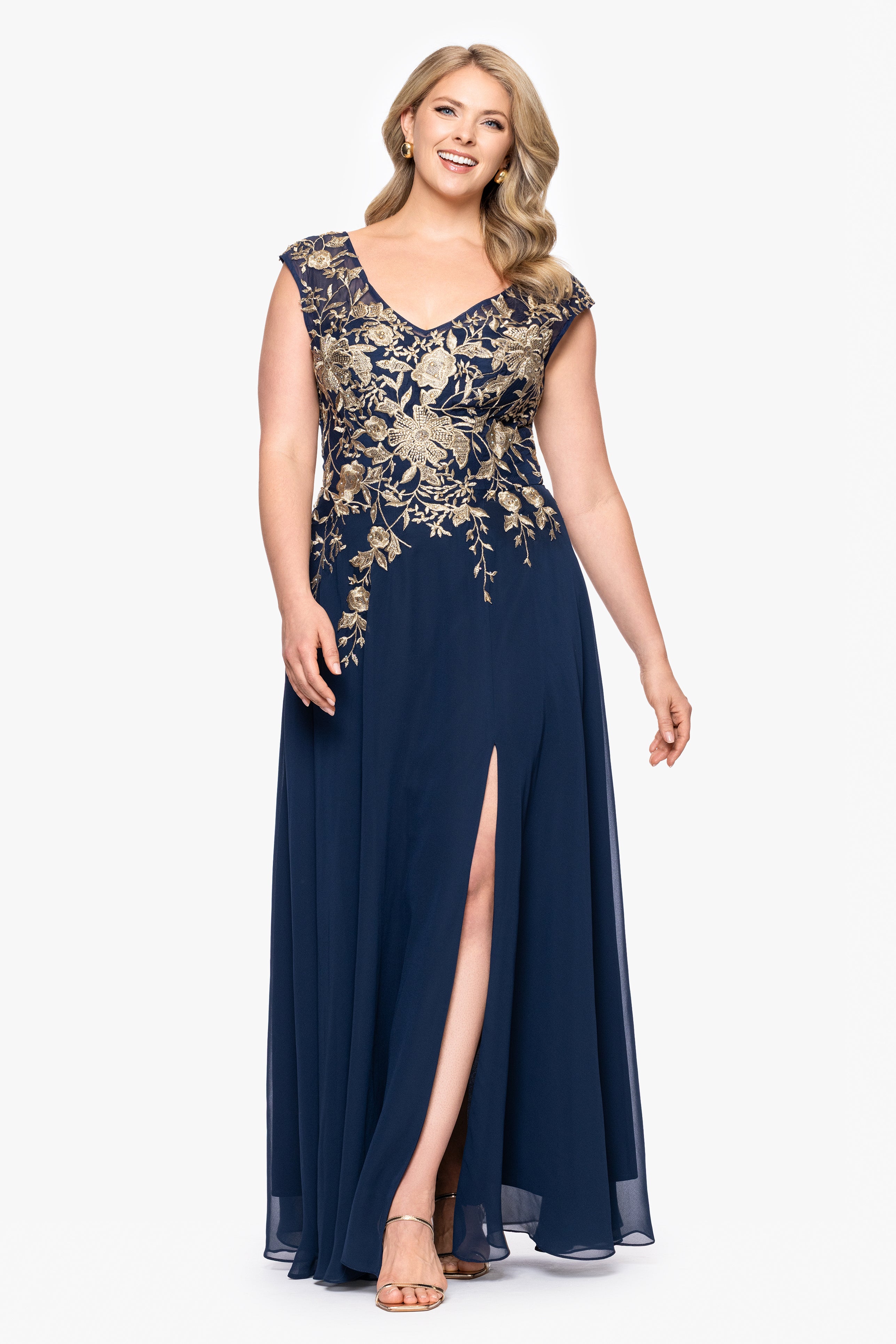 Plus "Maeve" Chiffon Embroidered Bodice Floor Length Dress