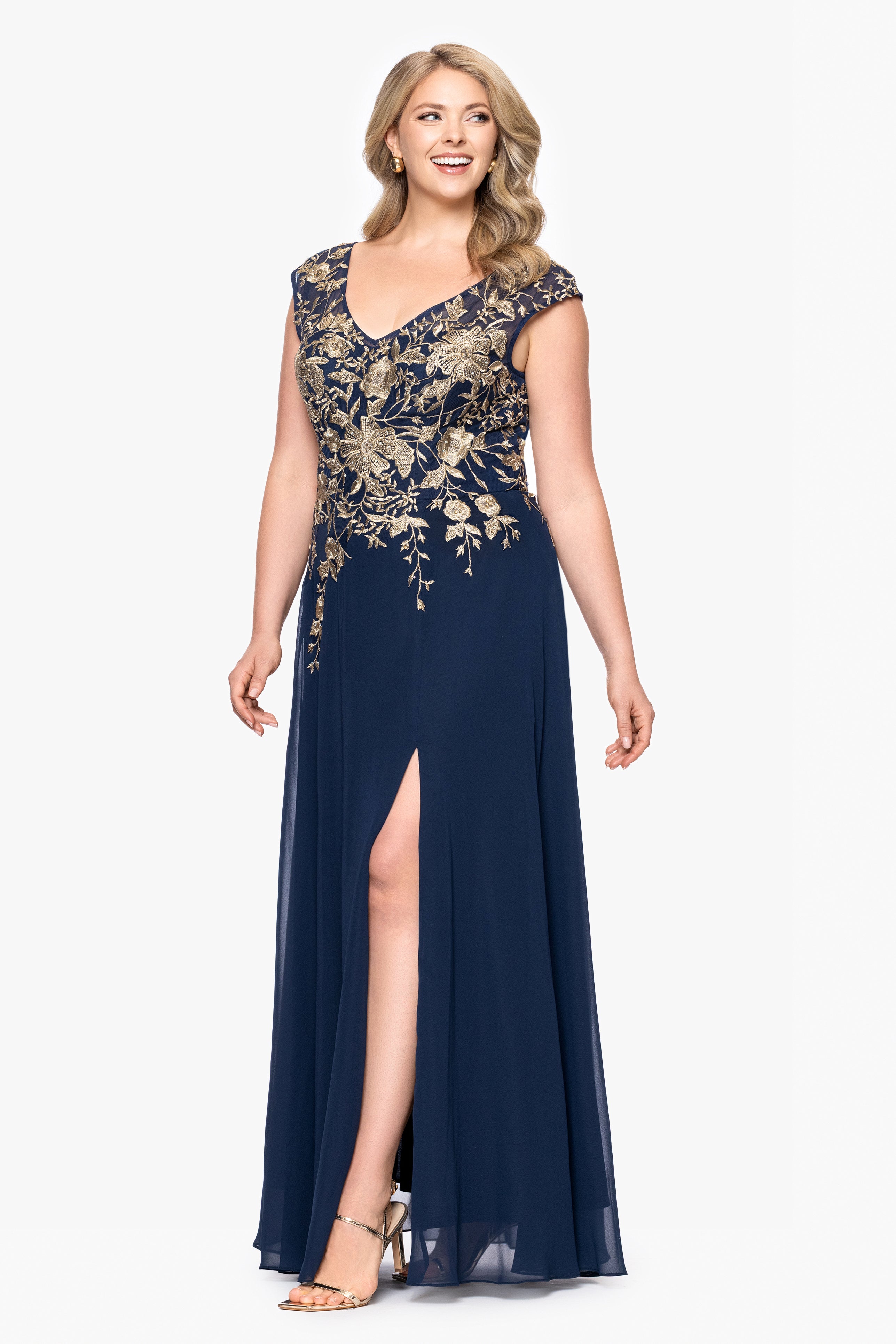 Plus "Maeve" Chiffon Embroidered Bodice Floor Length Dress