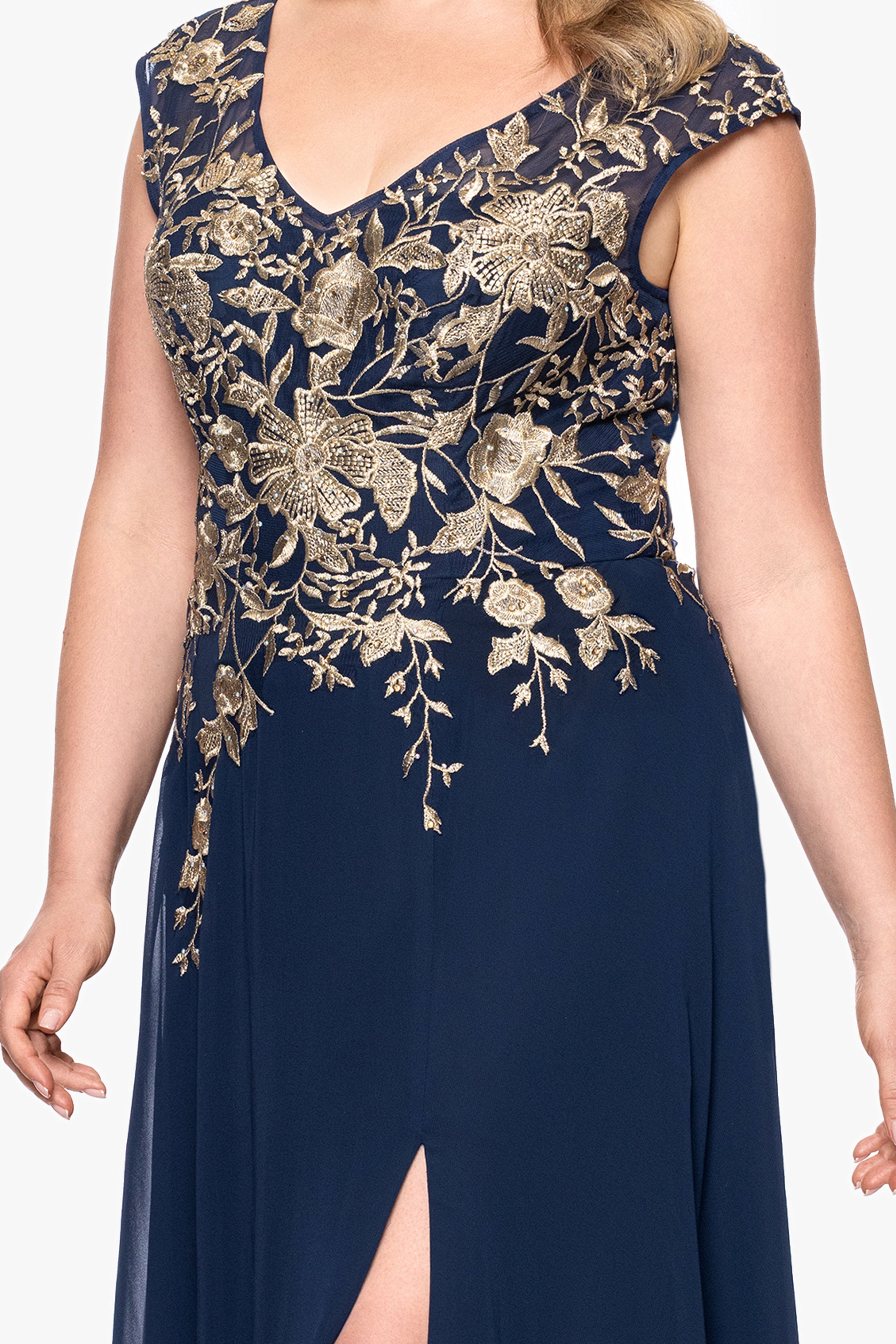 Plus "Maeve" Chiffon Embroidered Bodice Floor Length Dress