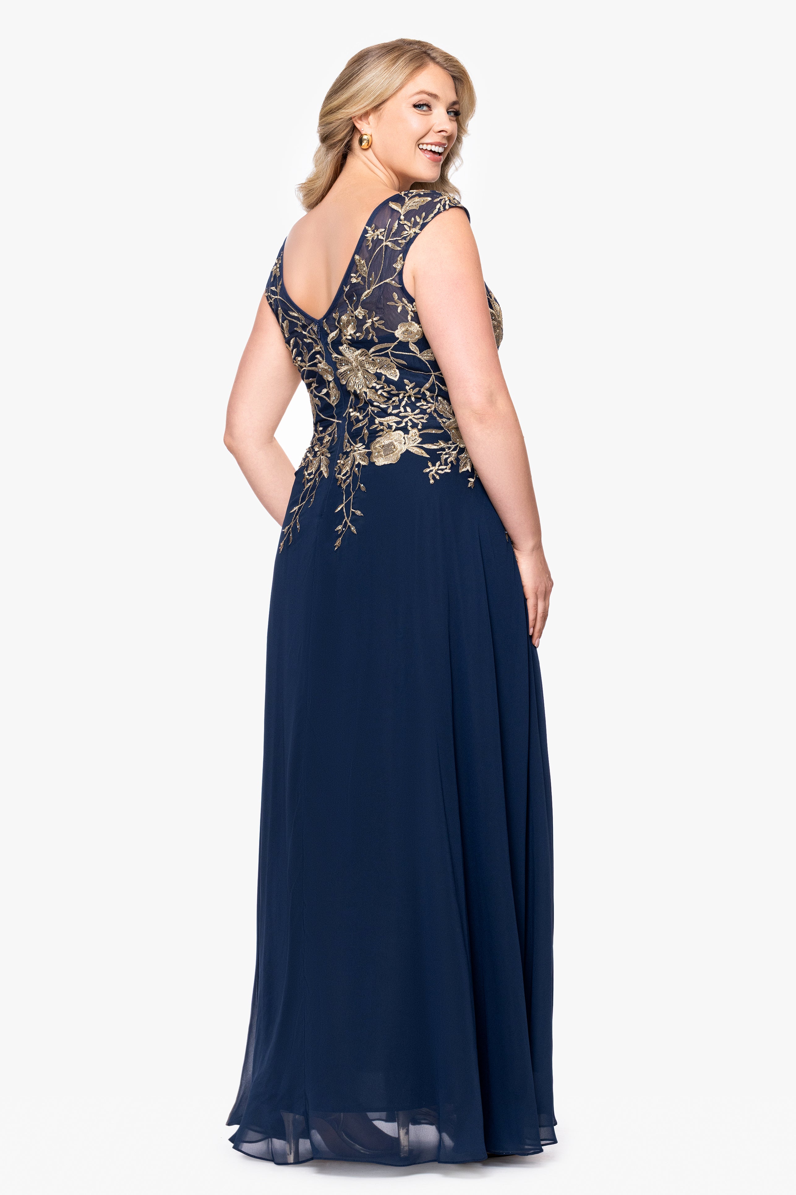Plus "Maeve" Chiffon Embroidered Bodice Floor Length Dress